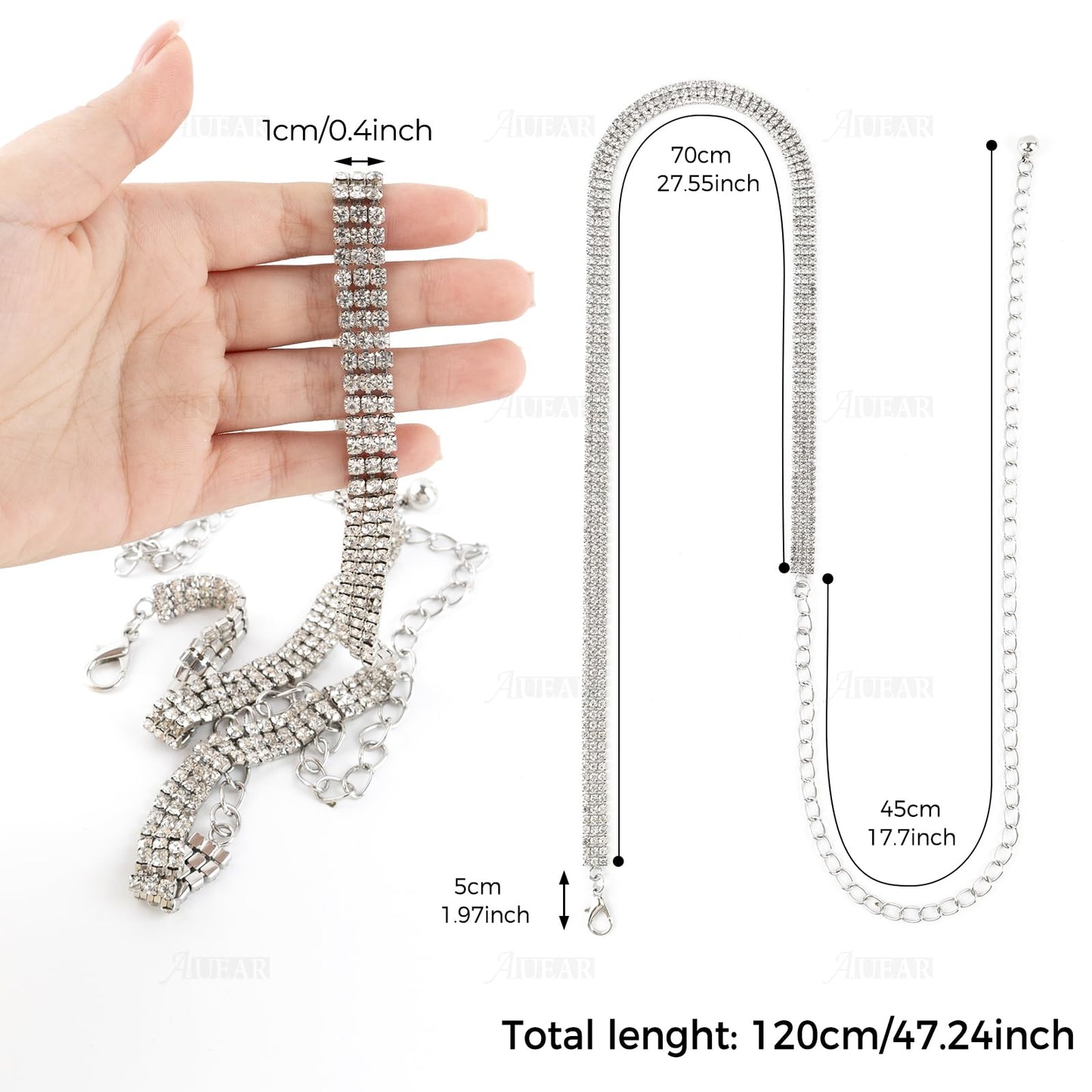 AUEAR, Fashion Silver Crystal Waist Buckle Belt Metal Chain Dress Rhinestone for Women Wedding Party Decor