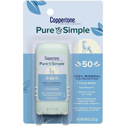 Coppertone Pure and Simple Mineral Sunscreen Stick SPF 50, Water Resistant, Hypoallergenic, Face Sunscreen with Broad Spectrum UVA/UVB Protection