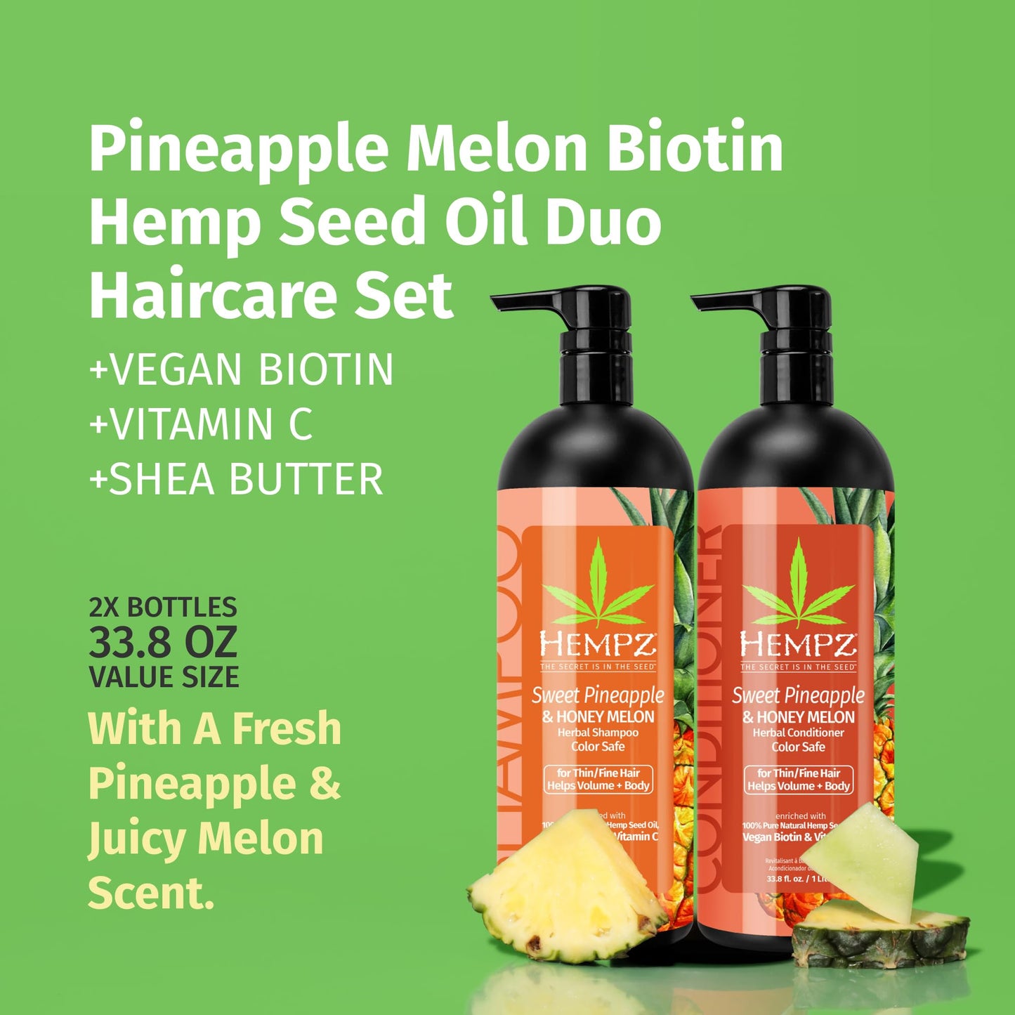 HEMPZ Hair Shampoo & Conditioner Set - Sweet Pineapple & Honey Melon Scent for Thin/Fine Dry, Damaged and Color Treated Hair, Hydrating, Softening