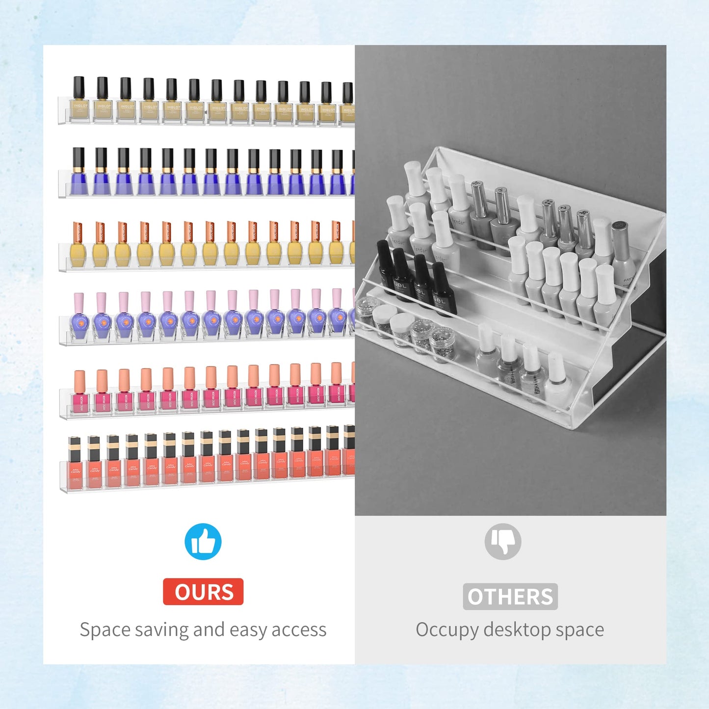 Sezanrpt 32 Inches Acrylic Nail Polish Rack Shelf for Wall, Clear Nail Polish Organizer Wall Mounted for 192 Bottles, 6 Pack