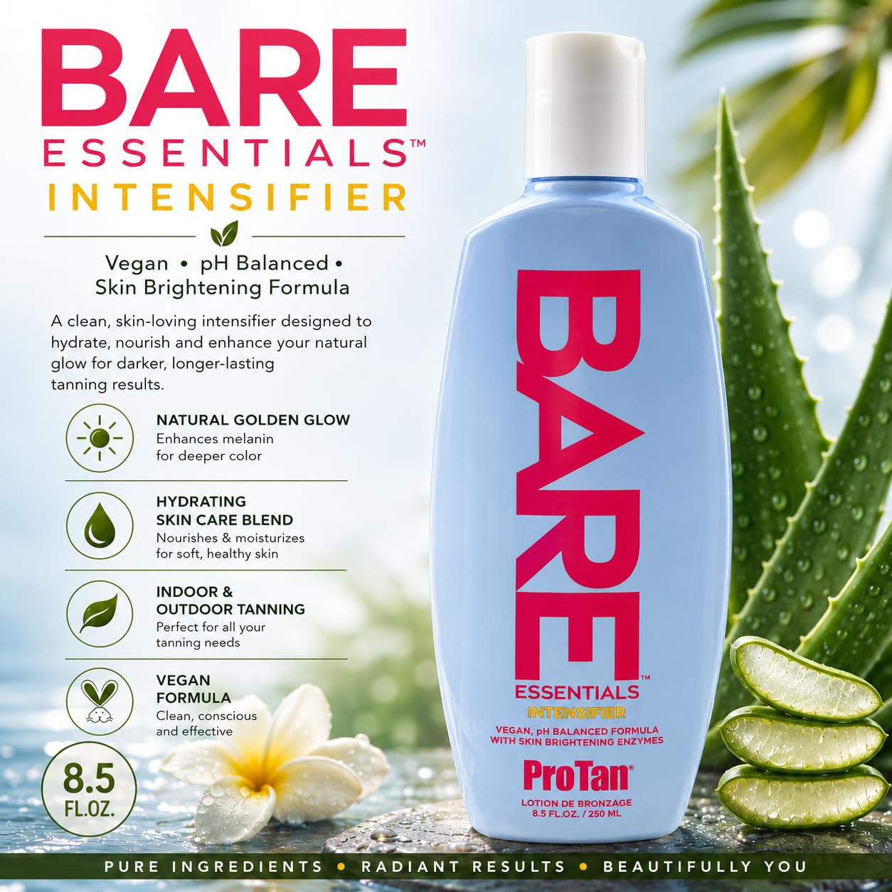 Pro Tan Bare Essentials Intensifier Tanning Lotion 8.5 fl oz - Vegan pH Balanced Formula with Aloe, Coconut Oil, Jojoba & Vitamins - Indoor Outdoor