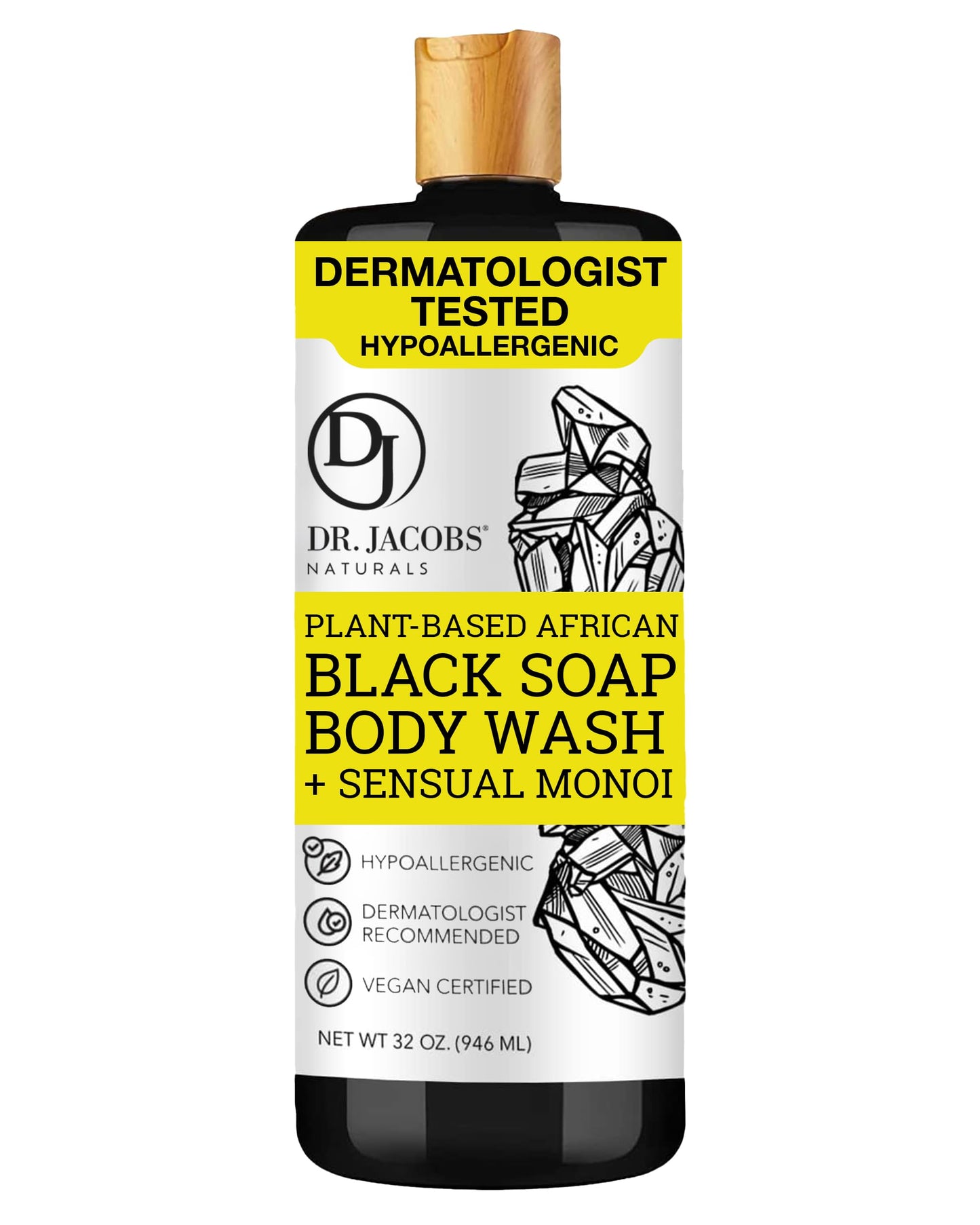 Dr Jacobs Naturals Authentic African Black Liquid Soap with Sensual Monoi Scent | All-In-One Face Wash, Sensitive Skin Body Wash, Shampoo, Shaving