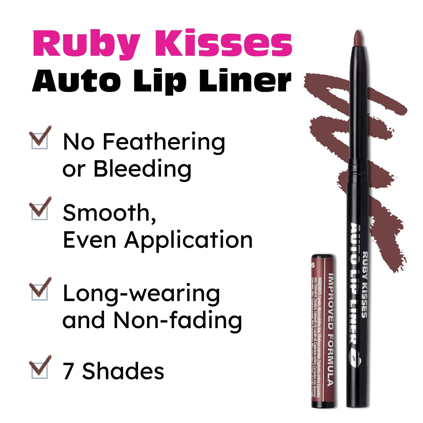 Ruby Kisses Auto Lip Liner Pencil (Cocoa 3 Pack), Long Lasting & Non-Fading, Smooth Application, Non-Feathering with Rich Pigmented Color, No
