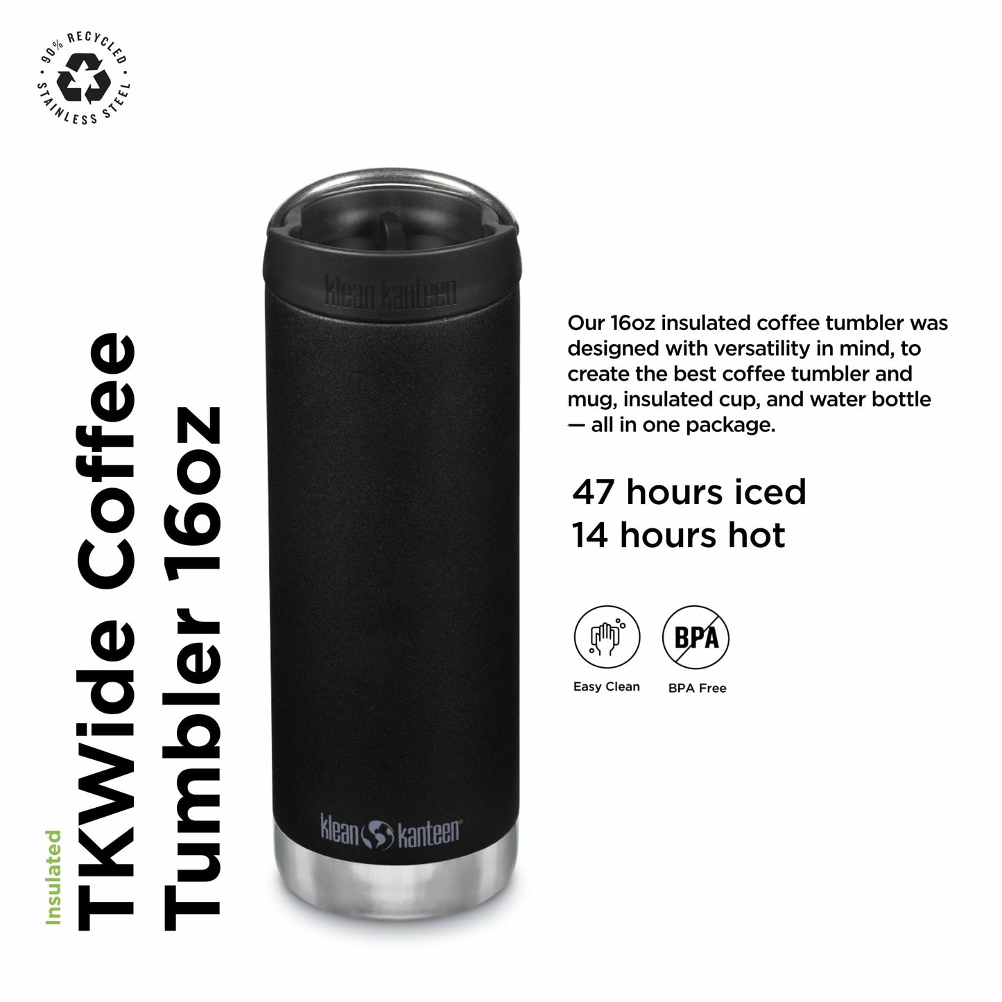 Klean Kanteen TKWide Insulated Coffee Tumbler with Cafe Cap - Stainless Steel Water Bottle & Thermal Tumbler - Black, 16 oz