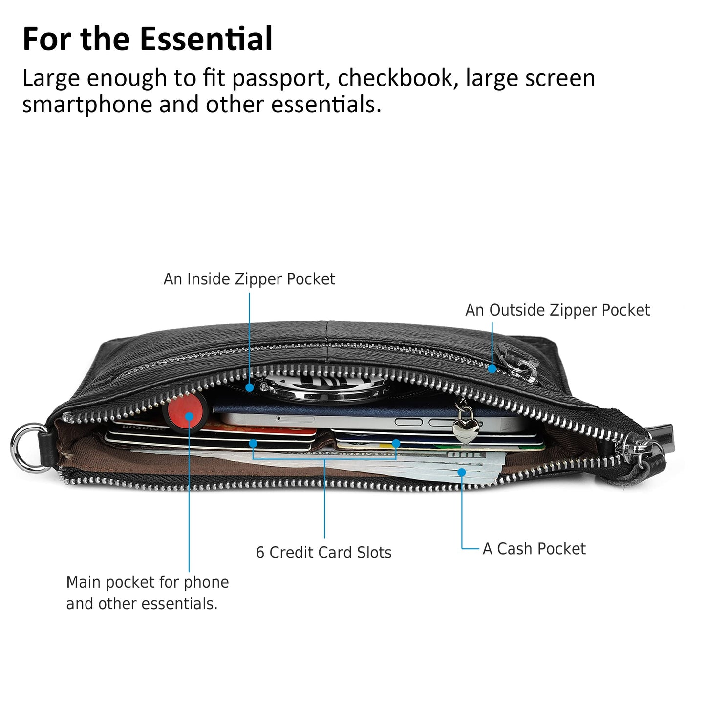 befen Black Women's Genuine Leather Wristlet Clutch Crossbody Phone Bags Wallet Purses and Handbags