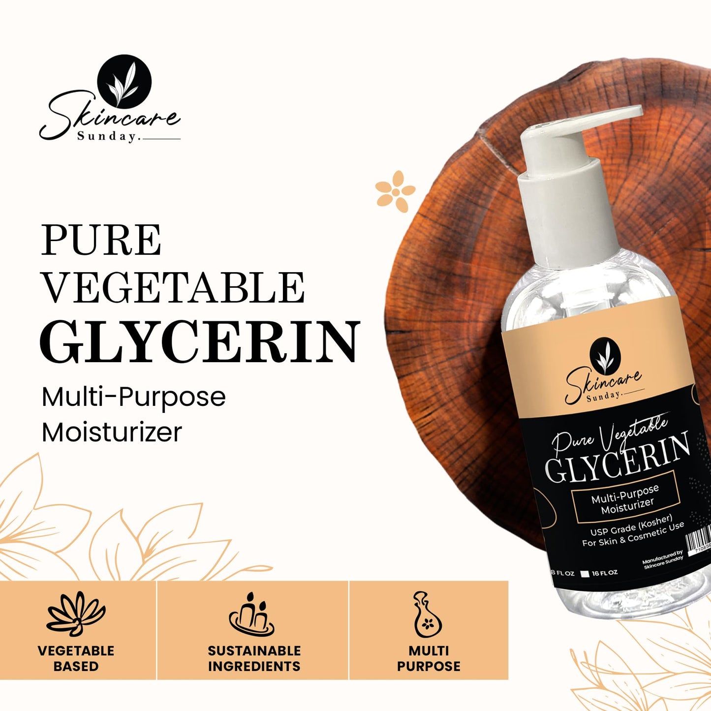 Skincare Sunday Pure Vegetable Glycerin - Premium Softening & Moisturizing Multi-Purpose Moisturizer for Skin & Cosmetics (32Oz) (16oz X 2)
