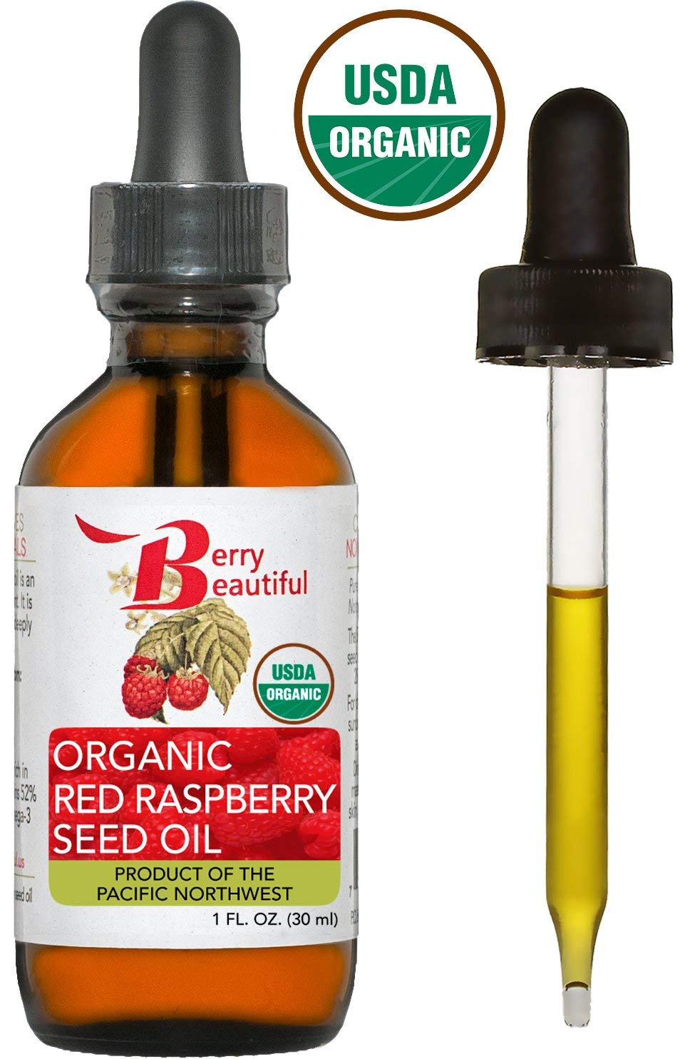 Berry Beautiful Certified Organic Red Raspberry Seed Oil - Cold-Pressed from US Grown Raspberries - Skin Moisturizer for Hydration and Protection - 1