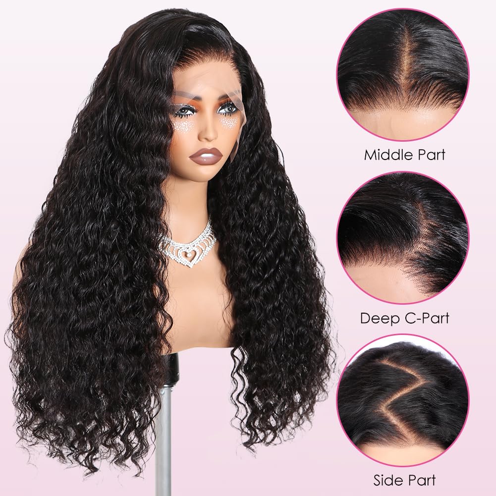 Alibeauty 13x4 HD Transparent Lace Front Human Hair Wigs Pre Plucked Hairline 200% Density 10A Brazilian Water Wave Lace Frontal Wigs with Baby