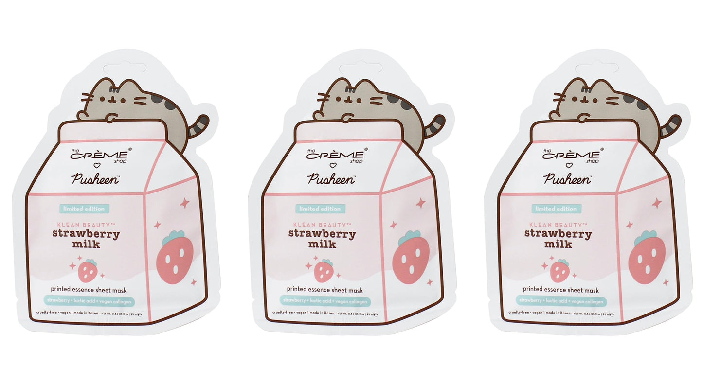 The Crème Shop x Pusheen Printed Essence Sheet Mask - Formulated with Collagen, Lactic Acid, and Strawberry for Glowing, Moisturized Skin (Strawberry