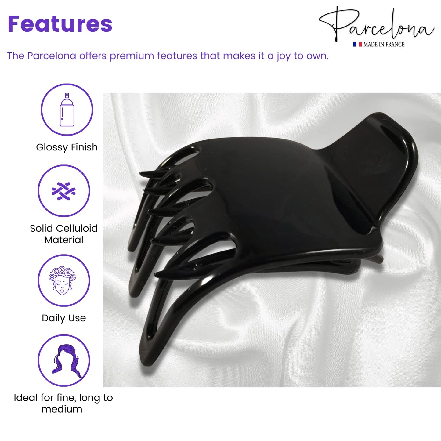 Parcelona French Paw Black Wide Covered Spring Side Slide In Jaw Yoga Hair Claw Clip