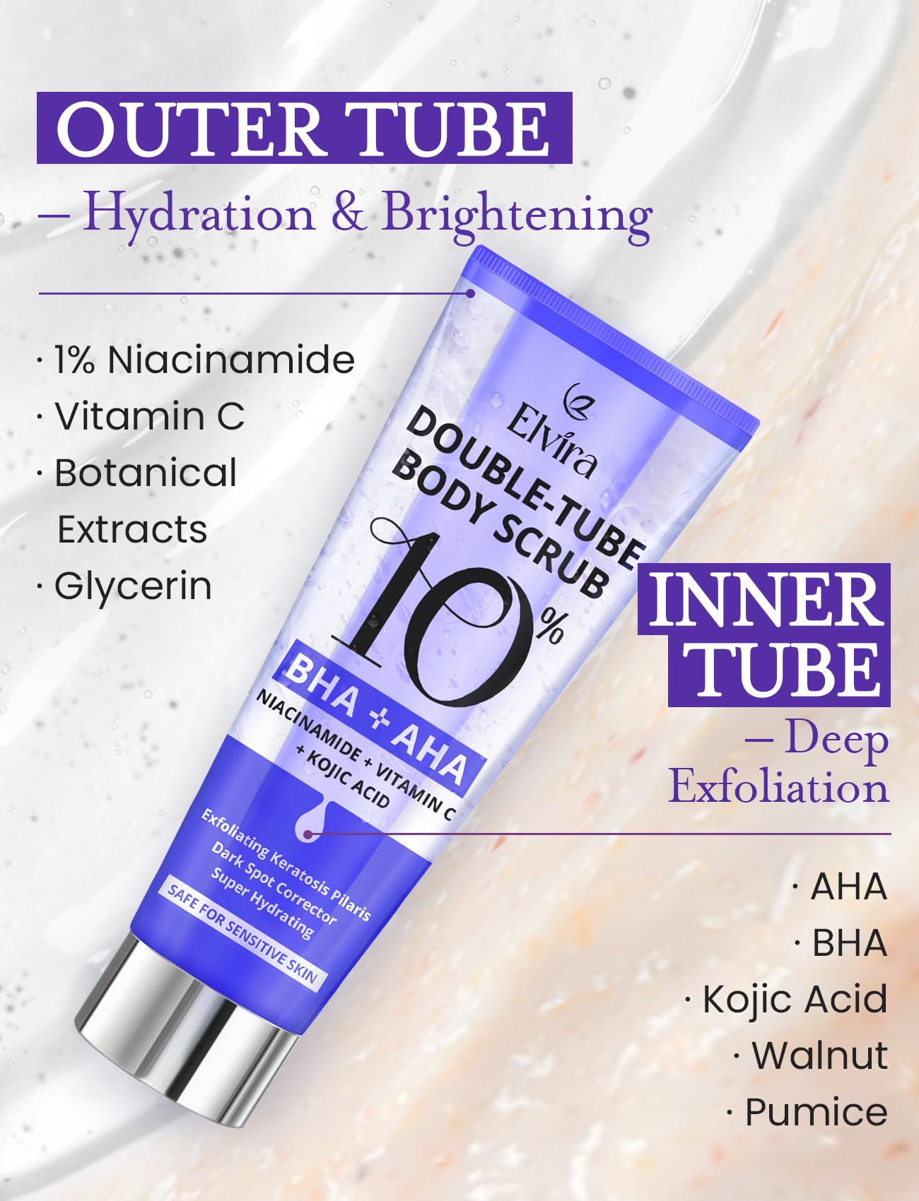 Elvira KP Bump Eraser Foot & Body Scrub, Exfoliating Scrub for Keratosis Pilaris, Smooth Skin with 10% AHA BHA & Niacinamide