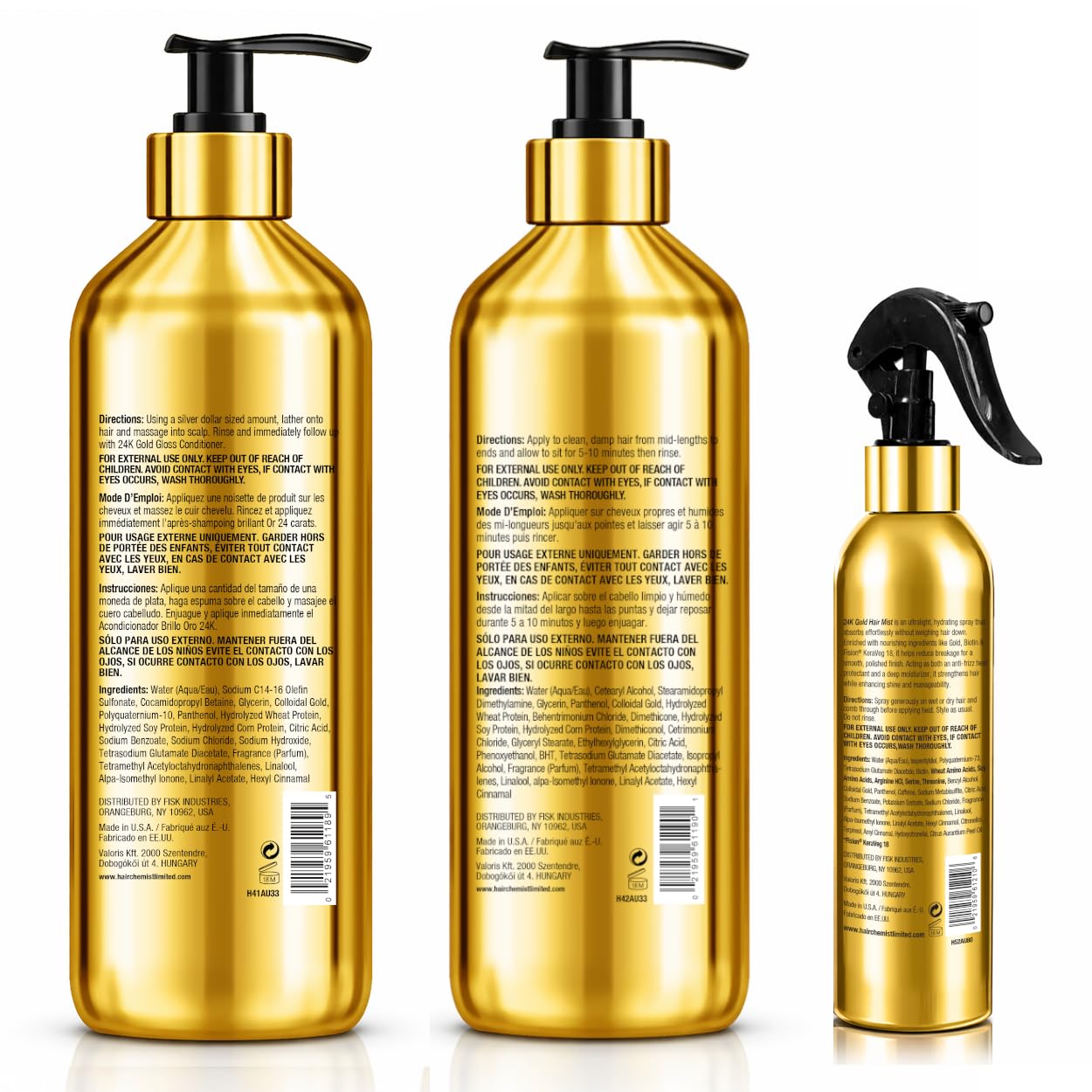 Hair Chemist 24K Gold Gloss 3-Piece Hair Care Set - Gloss Shampoo 33.8oz, Conditioner 33.8oz & Heat Protection Hair Mist 8oz - Shine Enhancing