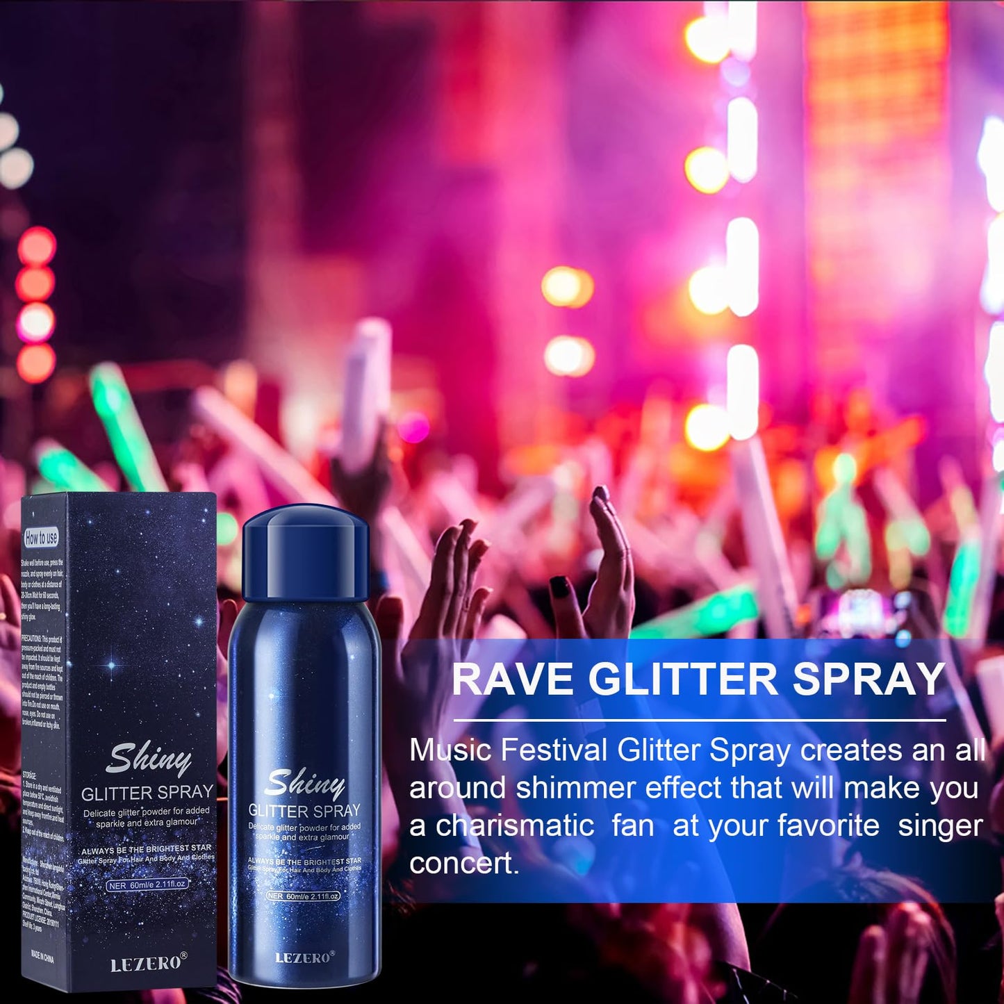 Lezero Body Glitter Spray, Temporary Shiny Hairspray for Face, Hair, Clothing, Long Lasting Quick-Drying Shimmer Mist for St. Patrick's Day, Music