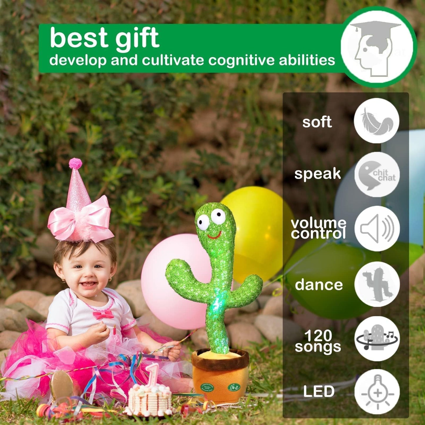 Pbooo Dancing Talking Cactus Mimicking Toy,Talking Repeat Singing Sunny Cactus Toy 120 Pcs Songs for Baby 15S Record Your Sound…