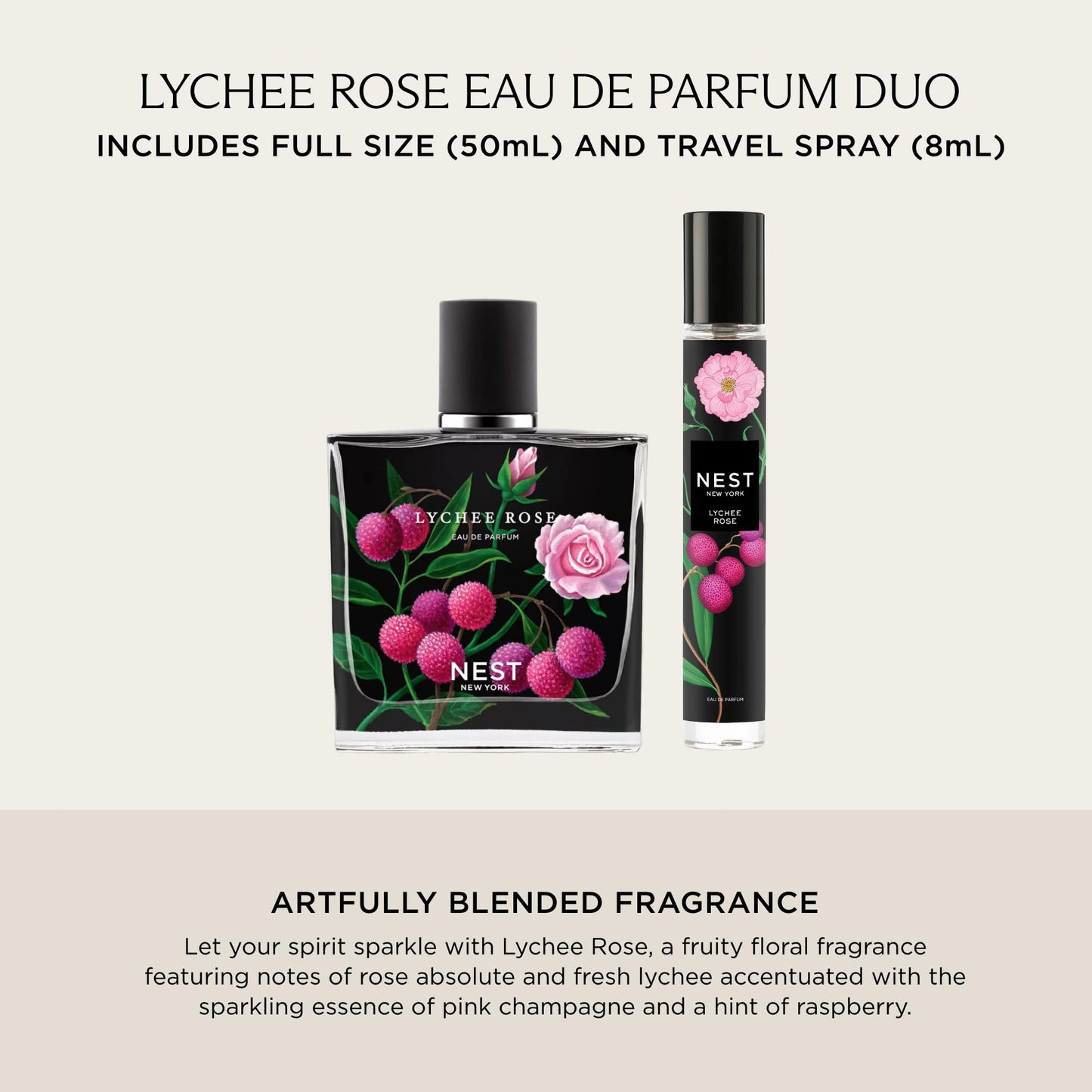 NEST New York Lychee Rose Fine Fragrance Set - Includes 50 mL (Full Size) & 8 mL (Travel Spray) - Vegan, Cruelty Free