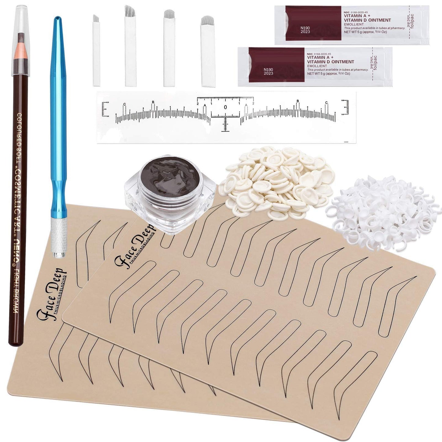 Fenshine Eyebrow Practice Kit with Blades Pigment Practice Skin Eyebrow Ruler Repair Gel Ring Cup Finger Gloves Pencil