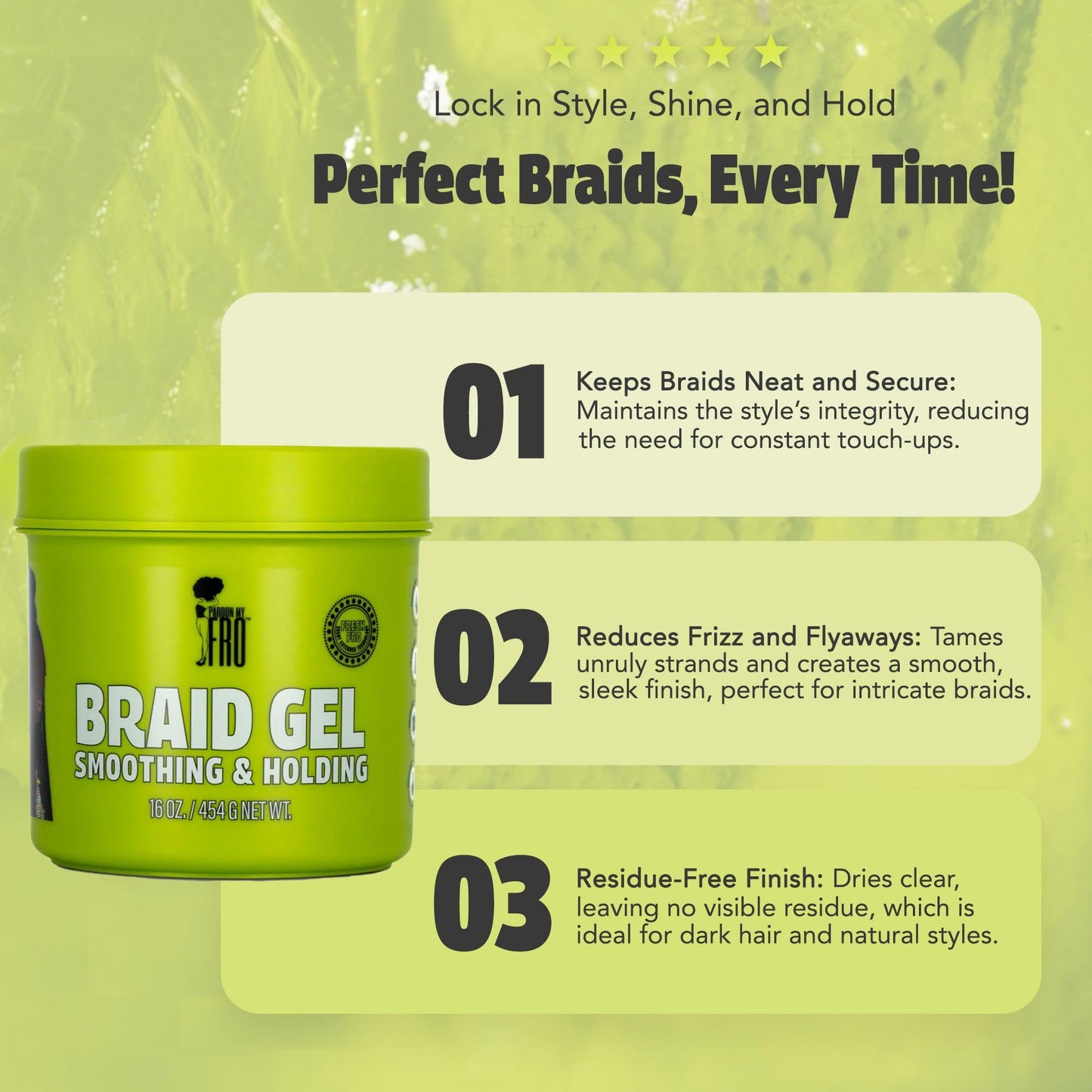 Pardon My Fro Braiding Gel - Strong Hold, Shine & Edge Control for Braids, Twists, Curls, and Dreads - Defines, Moisturizes, Adds Grip, and Provides