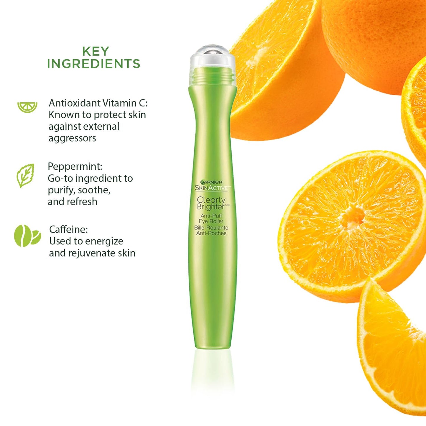 Garnier Clearly Brighter Anti-Puff Eye Roller, Dark Circles Under Eye Treatment with Caffeine and Vitamin C, 0.5 Fl Oz (15mL), 1 Count (Packaging May