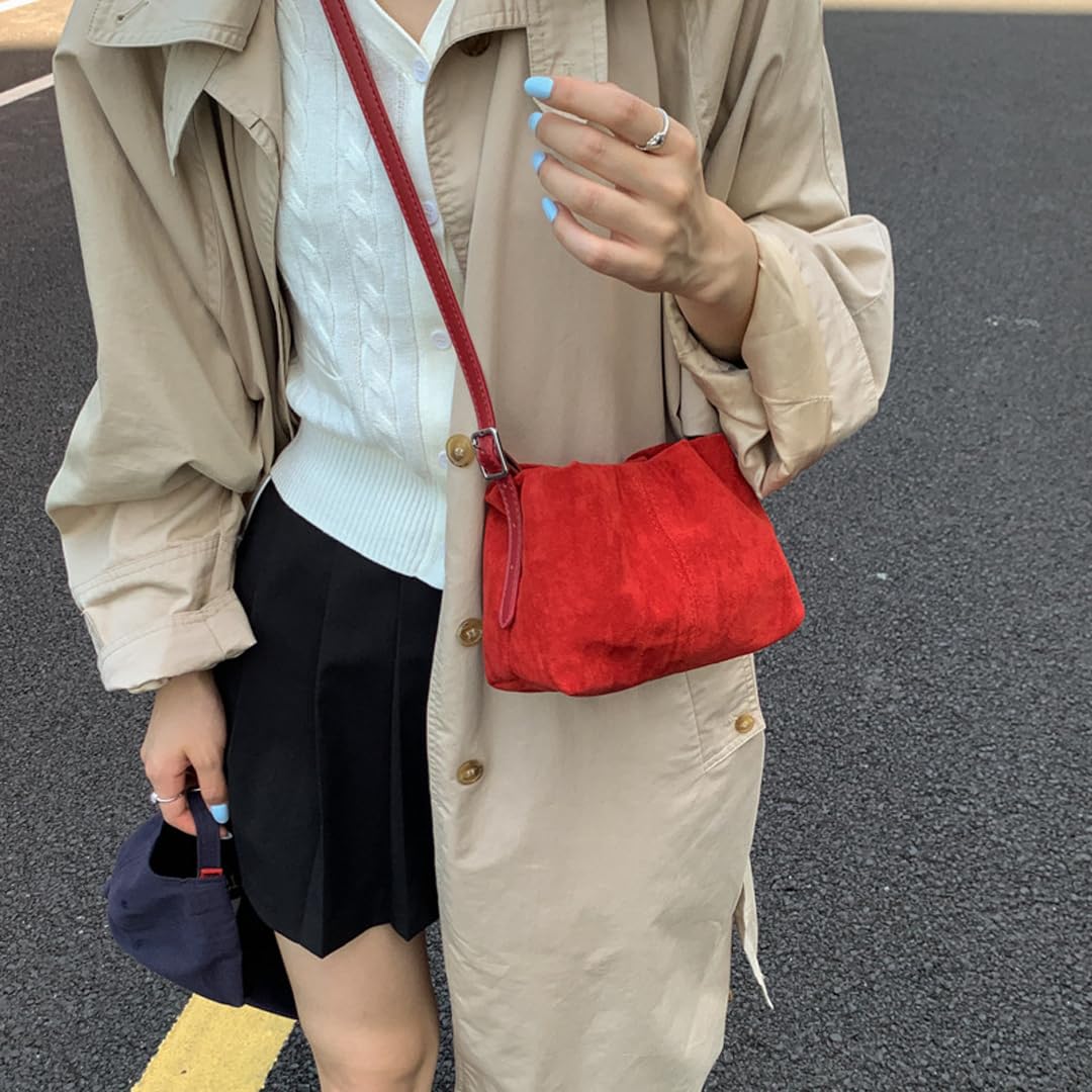 Suede Hobo Bags for Women Suede Tote Handbag Drawstring Bucket Bag Slouchy Crossbody Shoulder Bag Satchel Everyday Purse (Red)