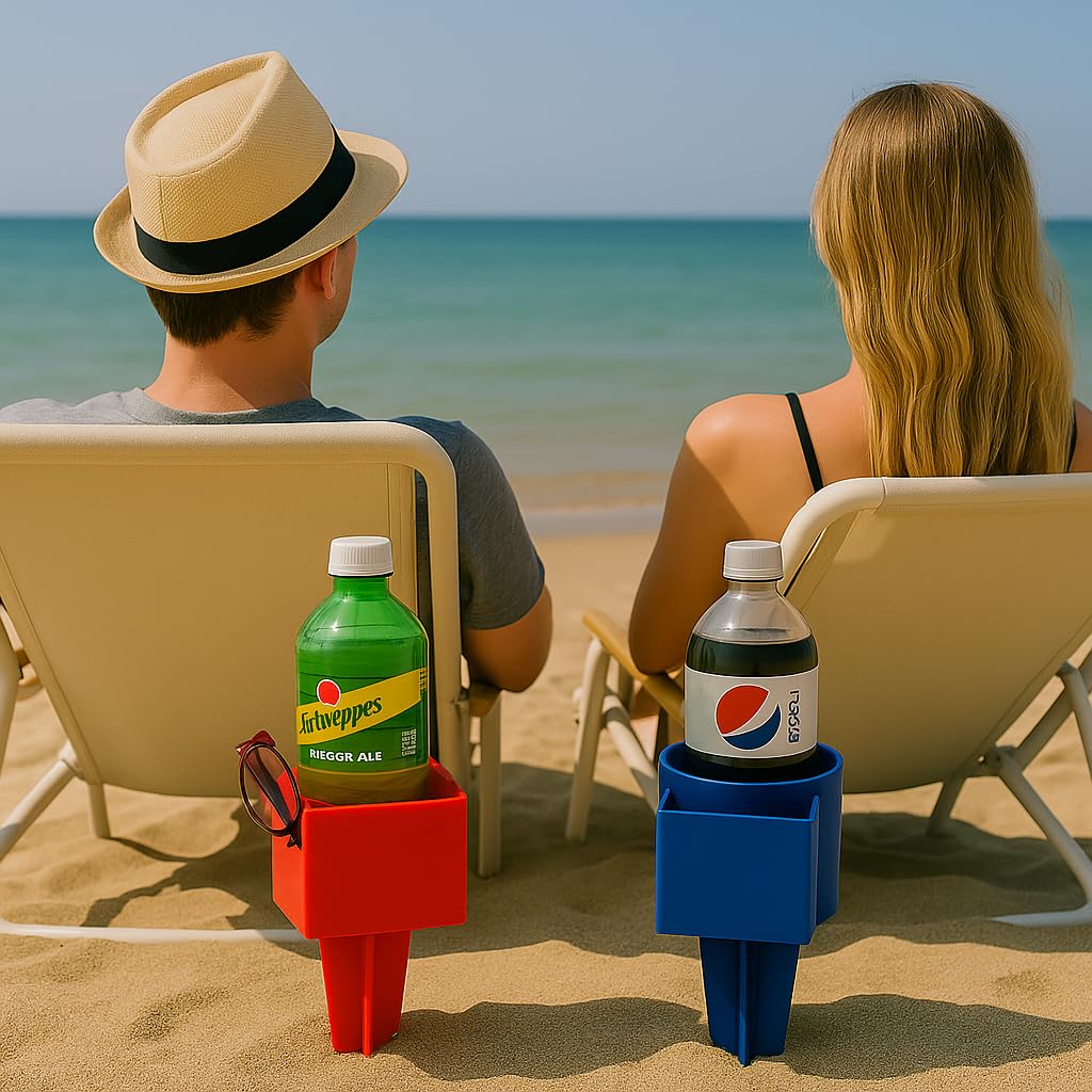 2-Pack Beach Drink and Phone Holder with Pocket - Sand Spike Cup Organizer for Sunglasses, Keys, and More - Ideal for Beach, Garden, and Outdoor…