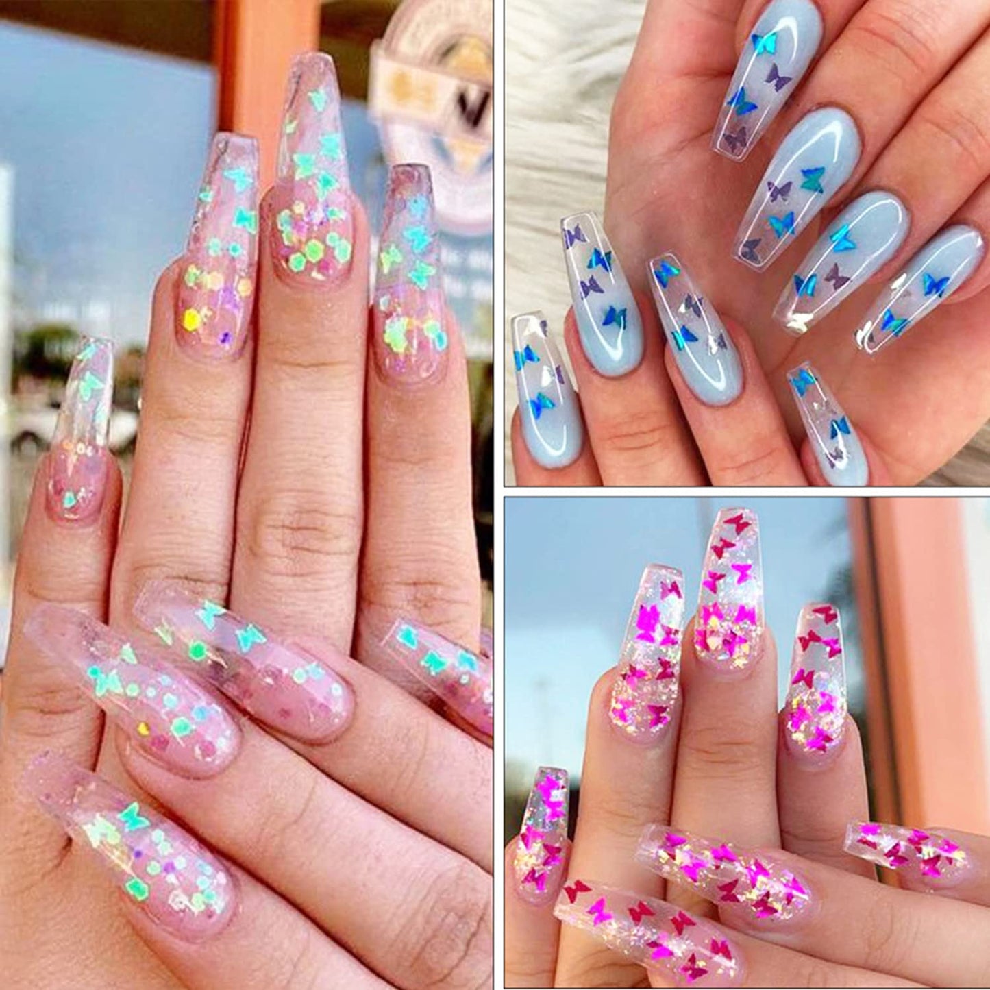 12 Colors Butterfly Nail Art Stickers Butterflies Nail Glitter Sequins 3D Art Accessories Butterfly Shape Flakes Powder Holographic Gold Red Pink