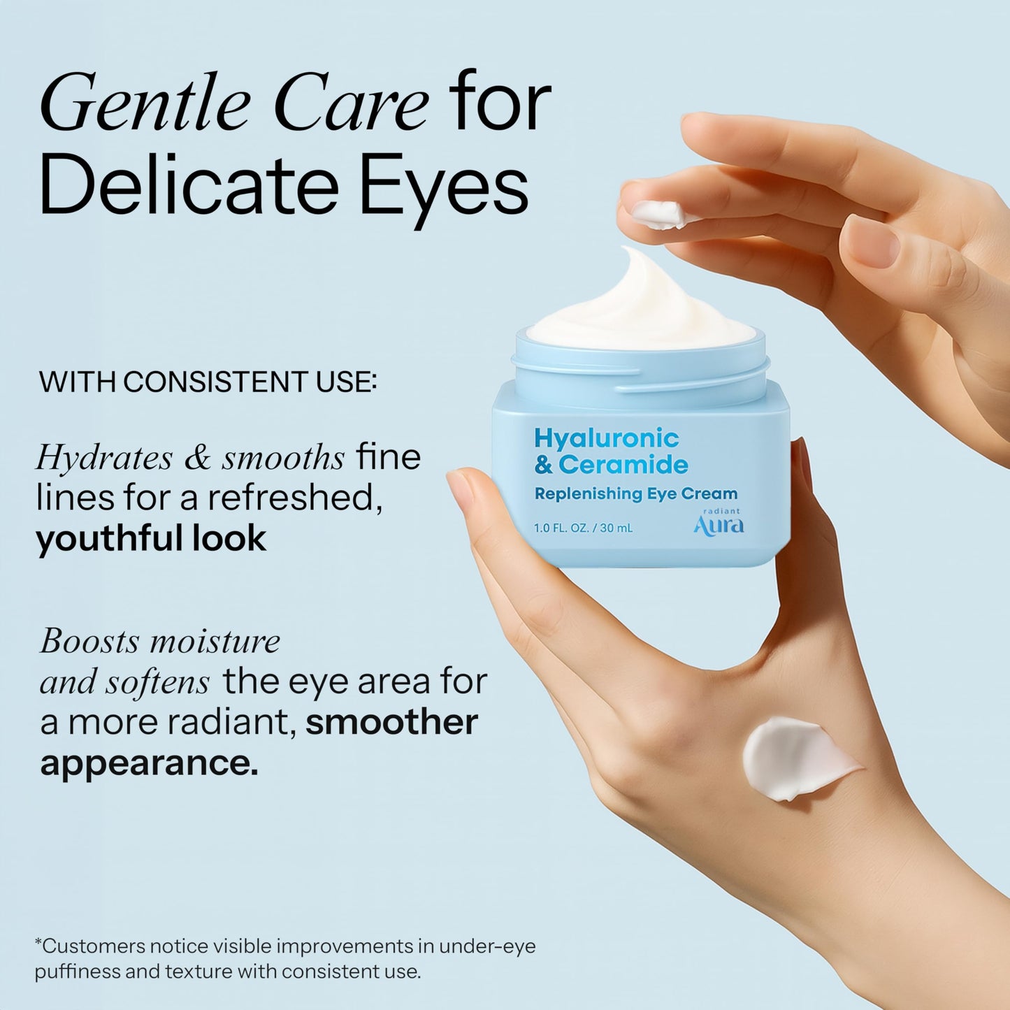 Radiant Aura Hyaluronic Acid & Ceramide Eye Cream For Dark Circles - Dermatologist Tested, Anti Aging Korean Skin Care - Deep Hydration & Depuffing