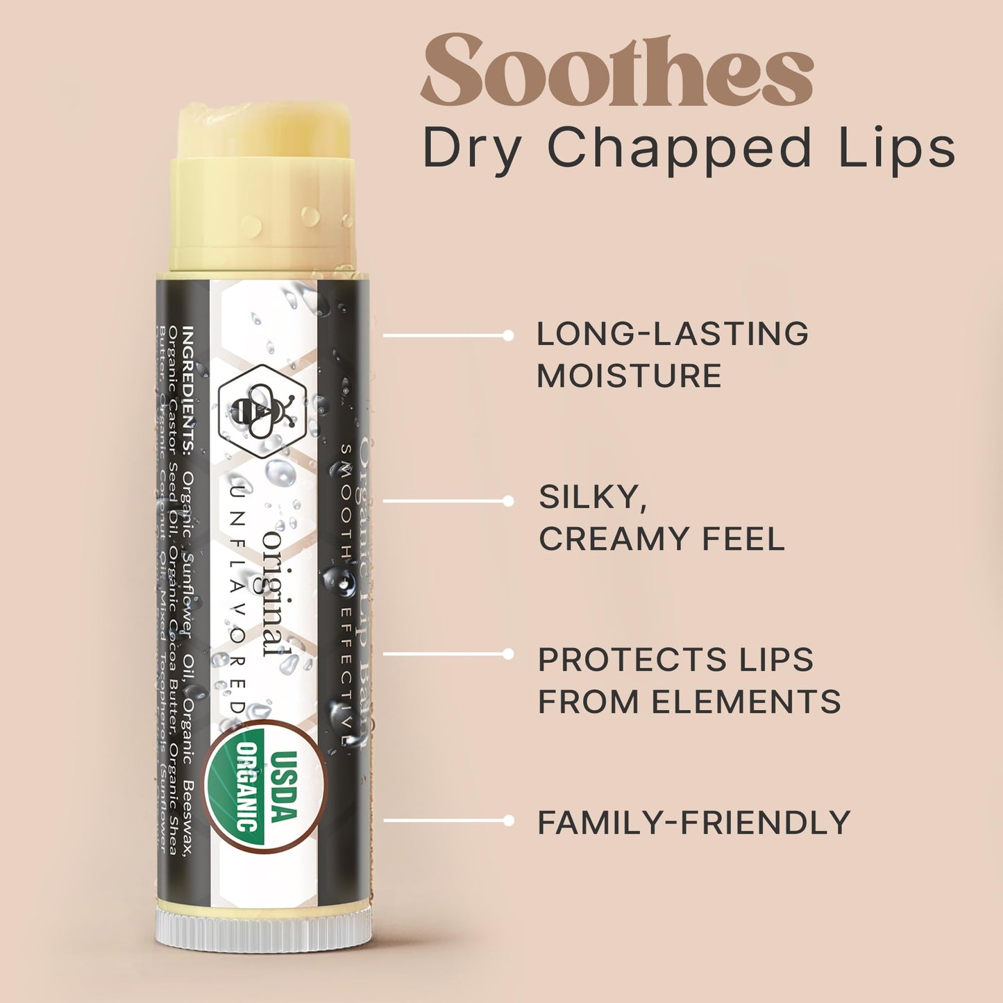 USDA Organic Lip Balm - USA Made with Natural Ingredients, Mens Stocking Stuffers, 4 Pack Unflavored Chapstick for Dry Lips, Beauty Birthday Gifts