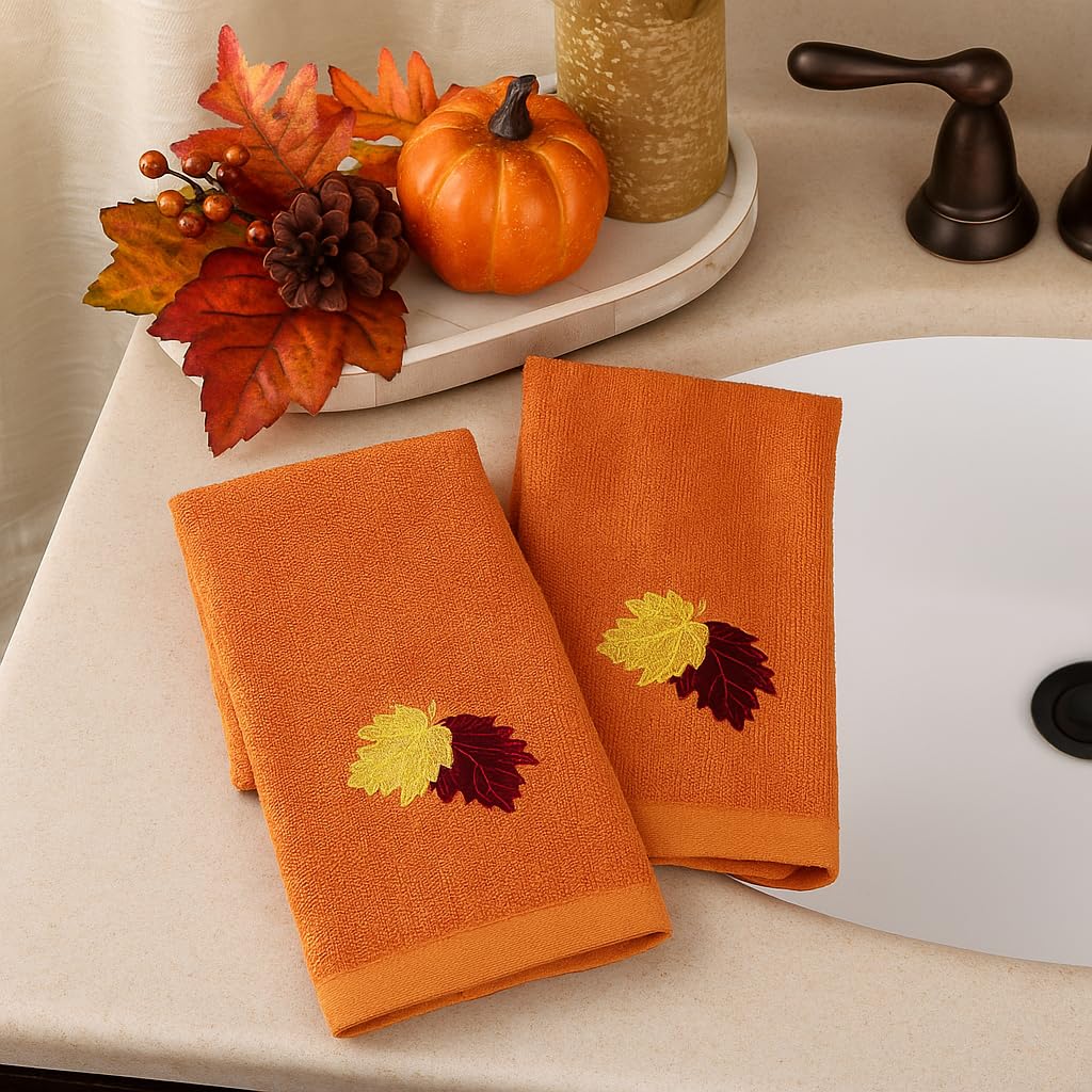Fall Bathroom Leaf Fingertip Towels: Embroidered Gold Burgundy Leaves on Rust Orange, 2 Piece Bath Set, 12 x 18 Inches Each