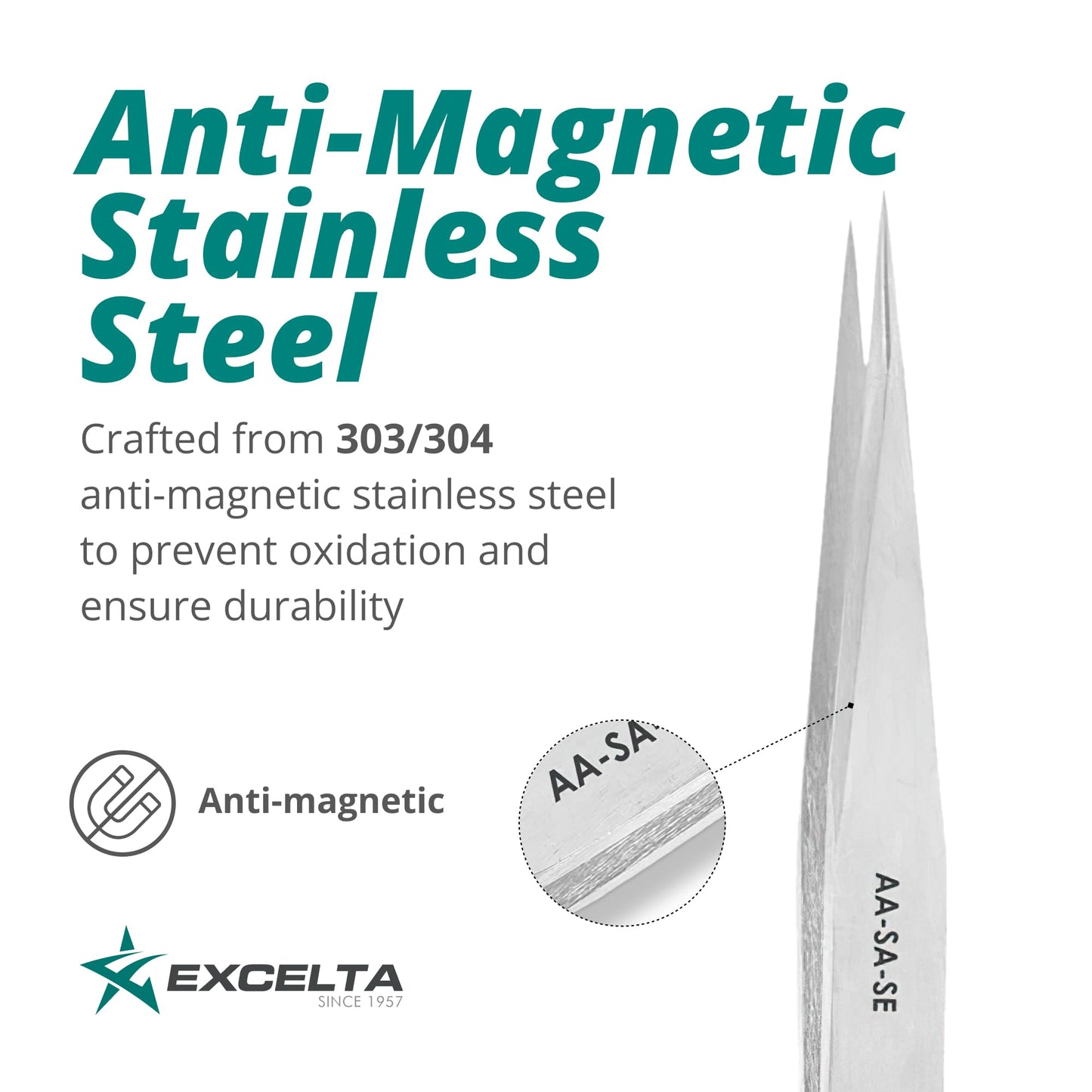 Excelta AA-SA-SE Straight Medium Pointed Tweezers, Anti-Magnetic Stainless Steel, ESD-Safe, Conductive, Precision Tweezers for Electronics, Jewelry