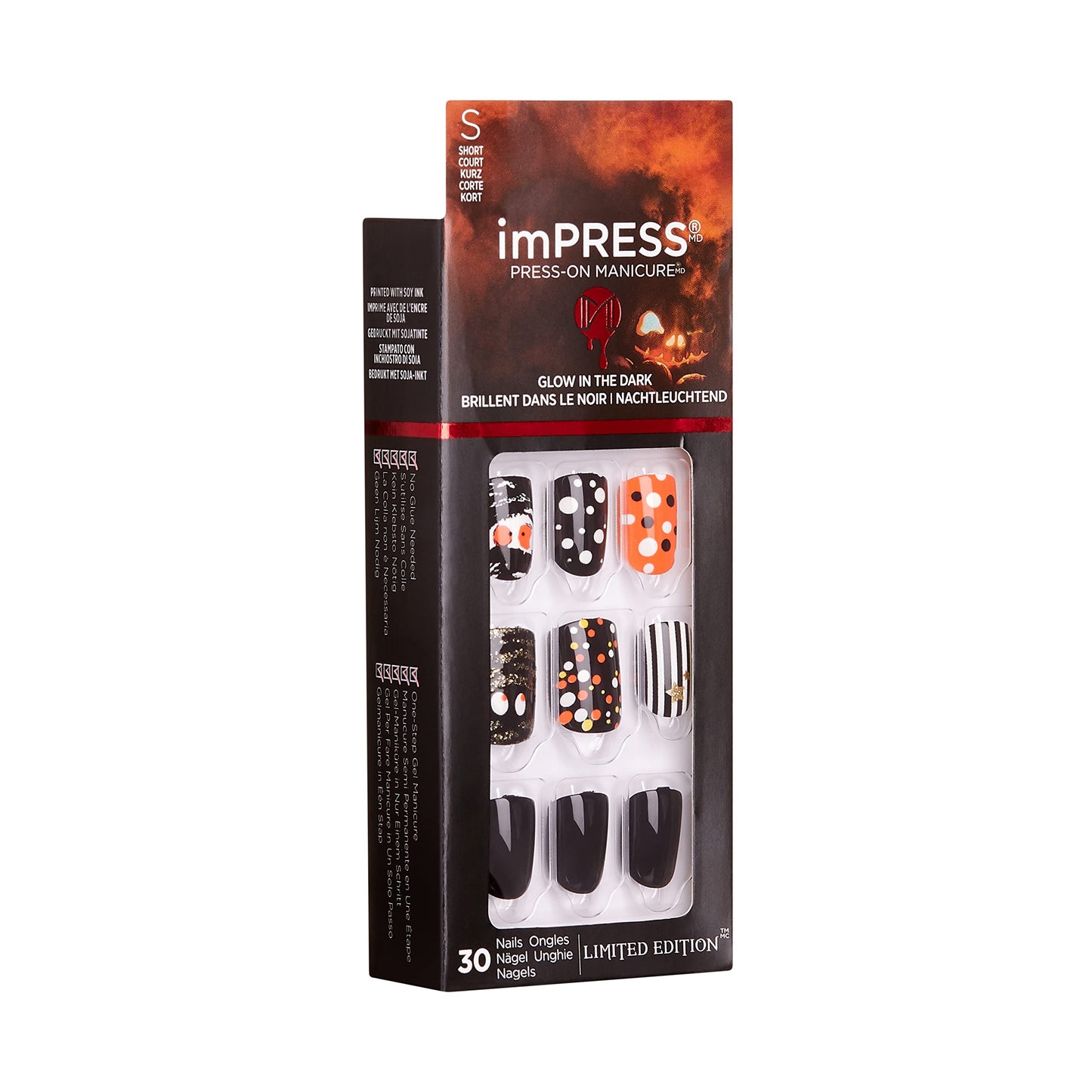 KISS imPRESS Limited Edition Halloween Press-On Nails, Glow-In-The-Dark, PureFit Technology, ‘Bone appetit’, with Prep Pad, Mini File, Cuticle Stick Beauty & Personal Care KISS