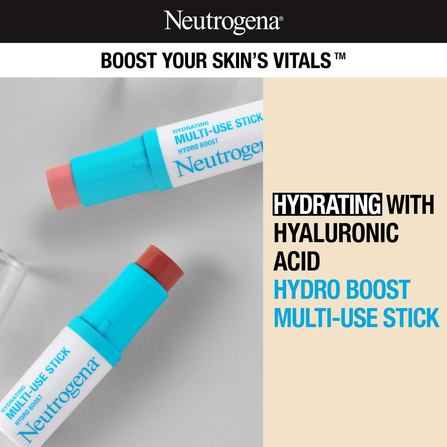 Neutrogena Hydro Boost Hydrating Multi-Use Makeup Stick with Hyaluronic Acid, Gentle Multi-Use Colored Makeup Balm to Brighten Lips, Cheeks & Eyes
