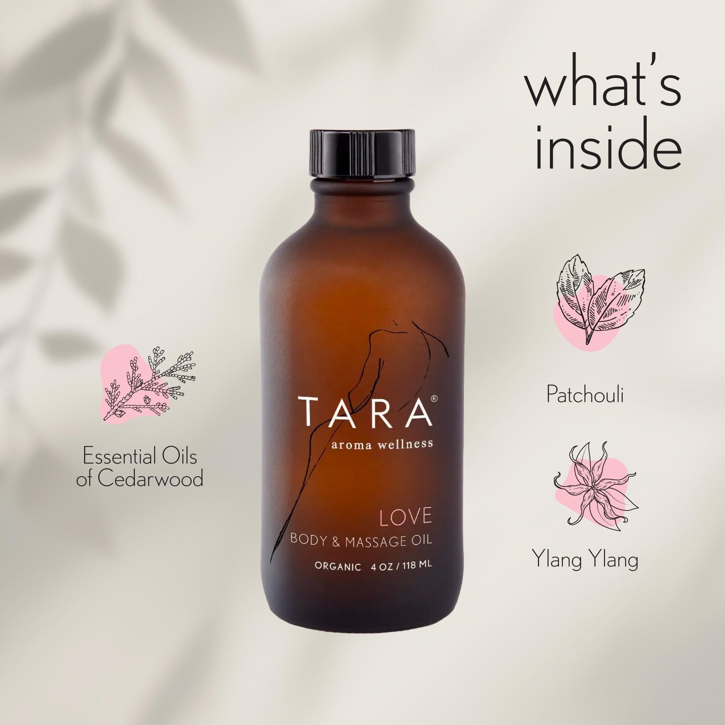 TARA Spa Therapy Love Body & Massage Oil - Premium Organic Oil for Nurturing & Sensuality, 100% Pure Essential Oils, Rose, Jasmine & Ylang Ylang, 4 oz