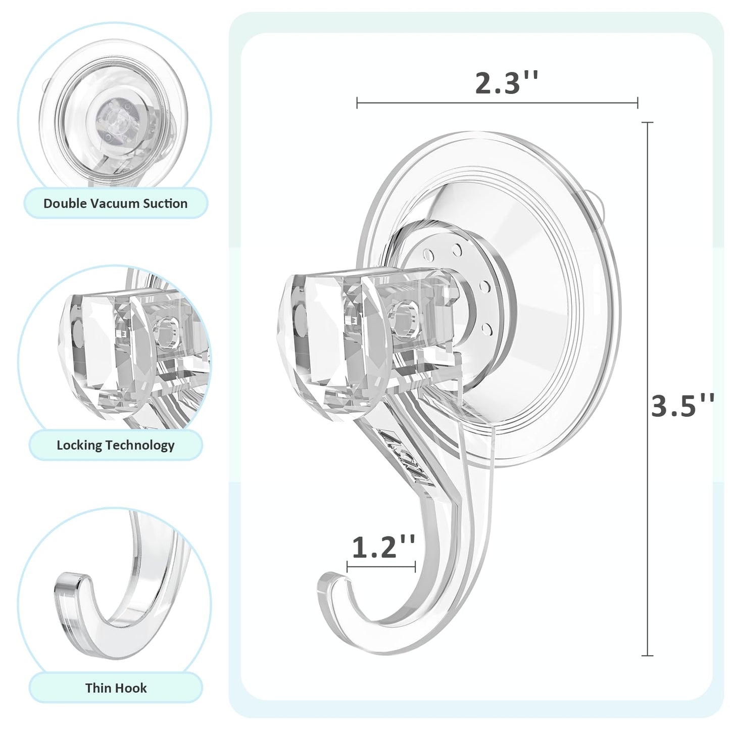 VIS'V Suction Cup Hooks, Small Shower Suction Hooks, Heavy Duty, Removable and Reusable, Clear, 2 Pcs