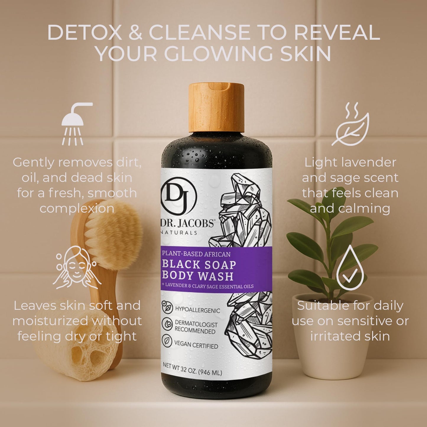 Dr Jacobs Naturals Authentic African Black Liquid Soap with Lavender & Sage Scent | All-In-One Face Wash, Sensitive Skin Body Wash, Shampoo, Shaving Beauty & Personal Care DR.JACOBS NATURALS