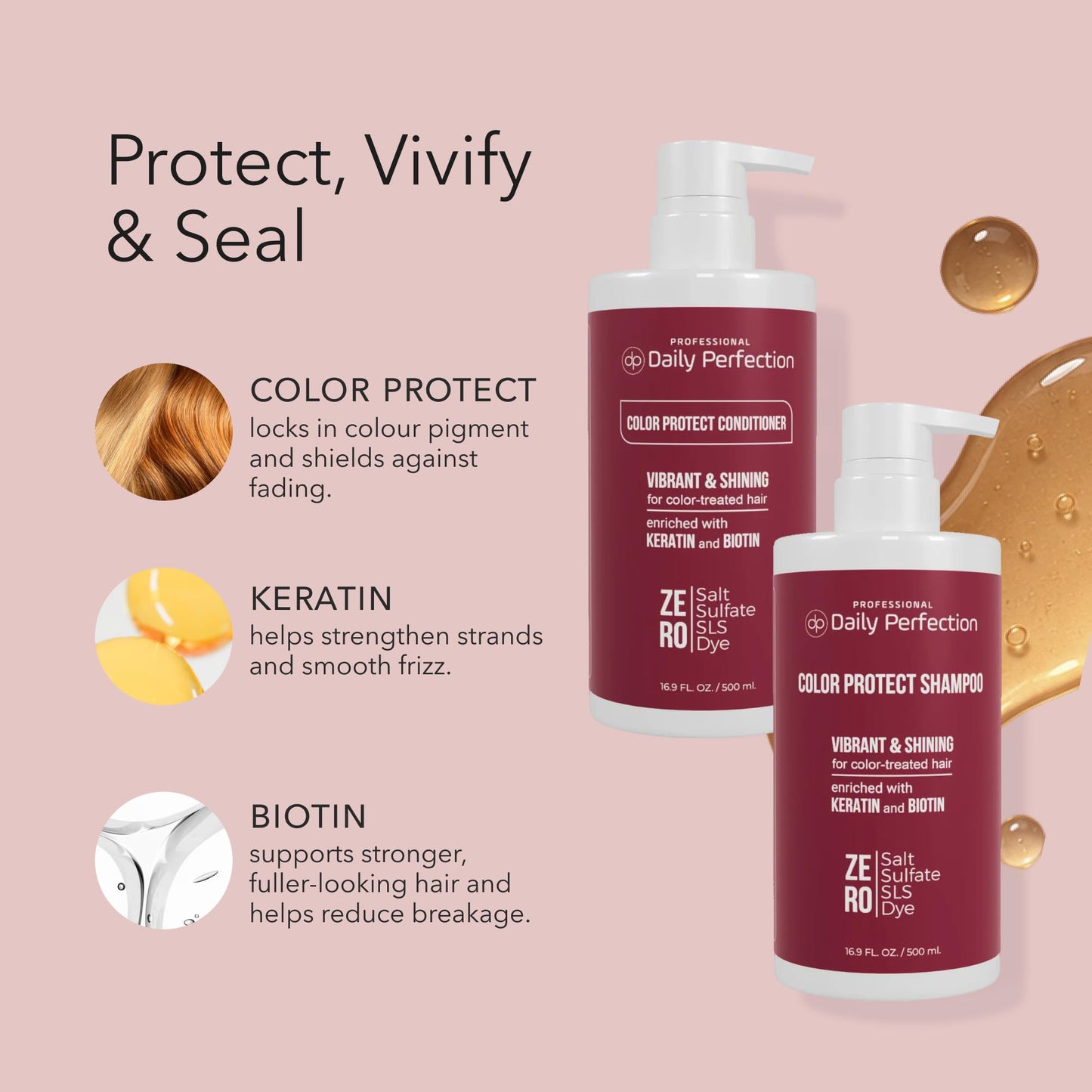 Daily Perfection Color Protect Shampoo and Conditioner Set - Vibrant and Shining Hair Care,Treated Hair with Biotin and Keratin - Salt, Sulfate