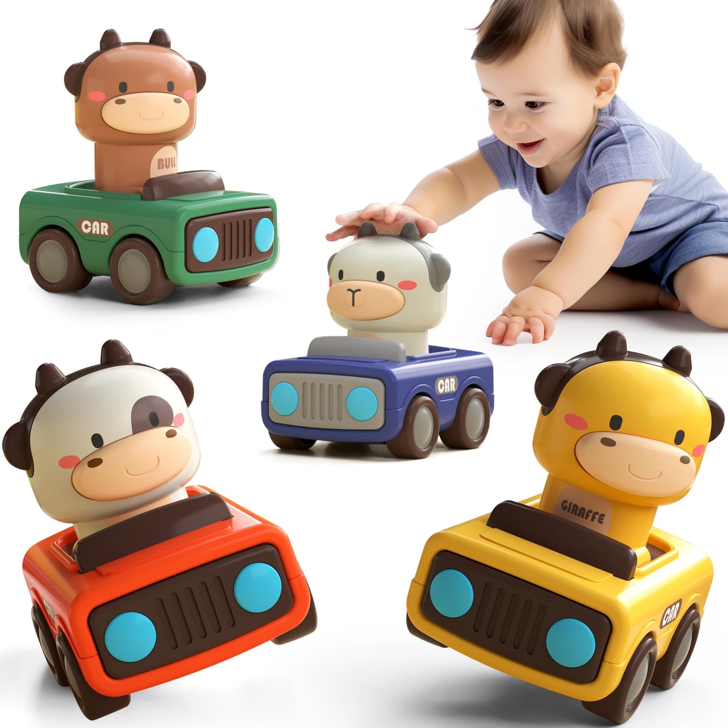 iPlay iLearn Press & Go Car Toys for Toddlers, Baby Push Friction Animal Cars, Infant Play Vehicles, 1st Birthday Gifts Ages 1-3