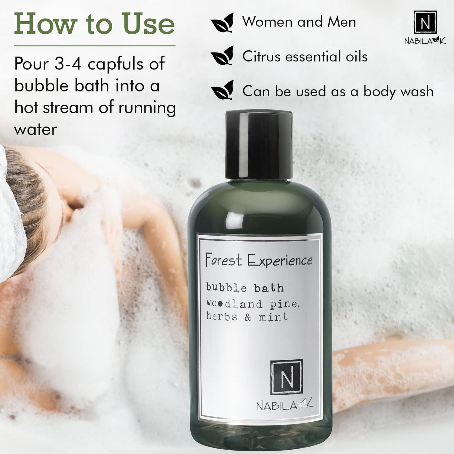 Nabila K Forest Experience Travel Size Bubble Bath with Pine, Herbs & Mint - Natural & Organic, Sulfate-Free, Tear-Free - Aromatherapy Bath Soak Beauty and Personal Care Nabila K