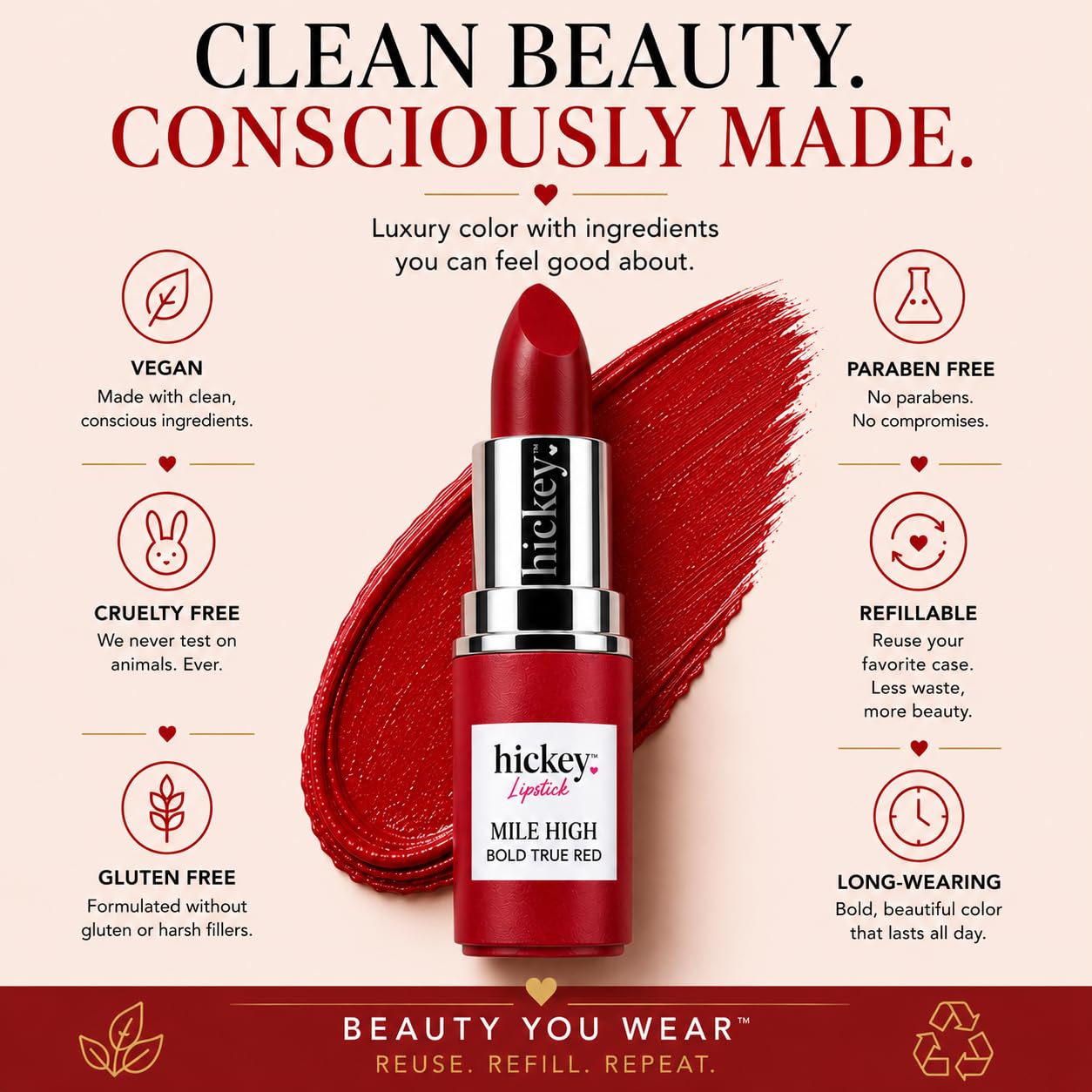 Hickey Lipstick Mile High Organic Perfect Red Lipstick Refill - Long Lasting Lipstick for Women - Hydrating & Moisturizing Shade, Best Lip Color for