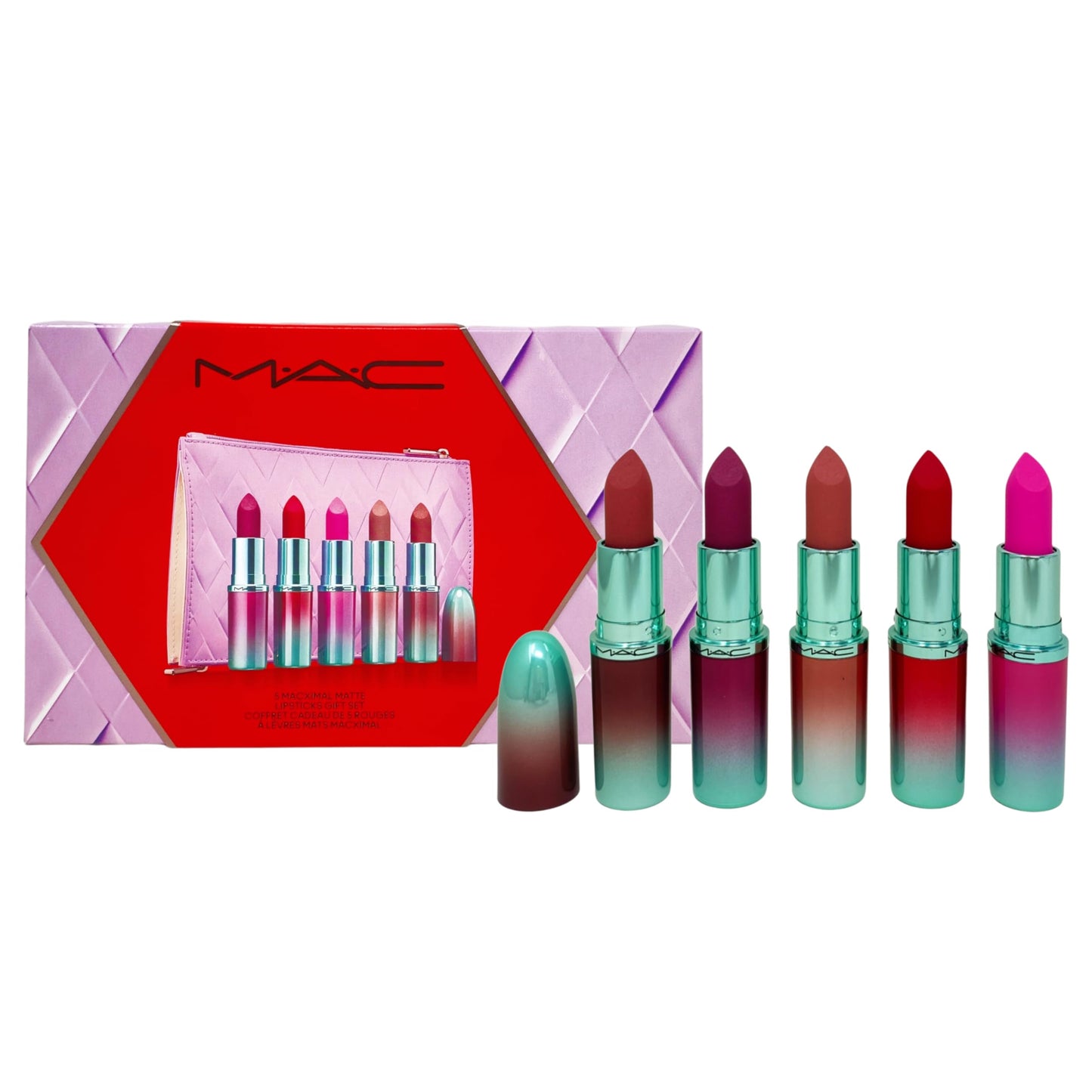 M·A·C Cosmetics Holiday Exclusive Less Is Bore 6 Piece Gift Set - 5 Full-Size M·A·Cximal Silky Matte Lipsticks + Purple Makeup Bag