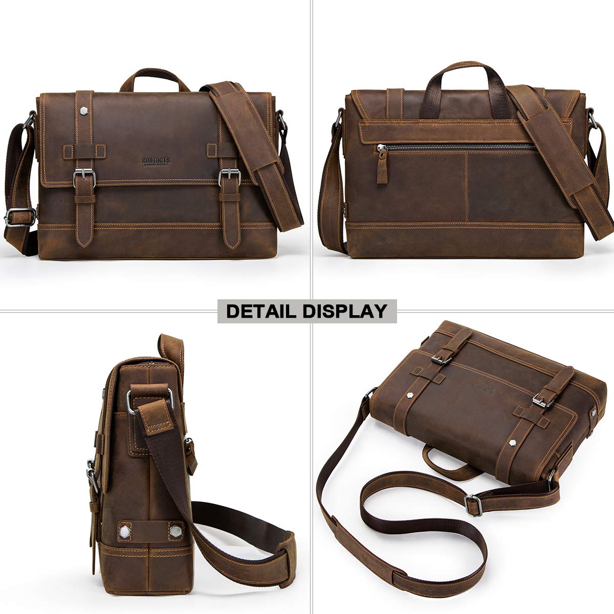 Contacts Crazy Horse Leather Messenger Bag for Men 12 Inch Laptop Briefcase Computer Shoulder Bag Travel Business (Brown)