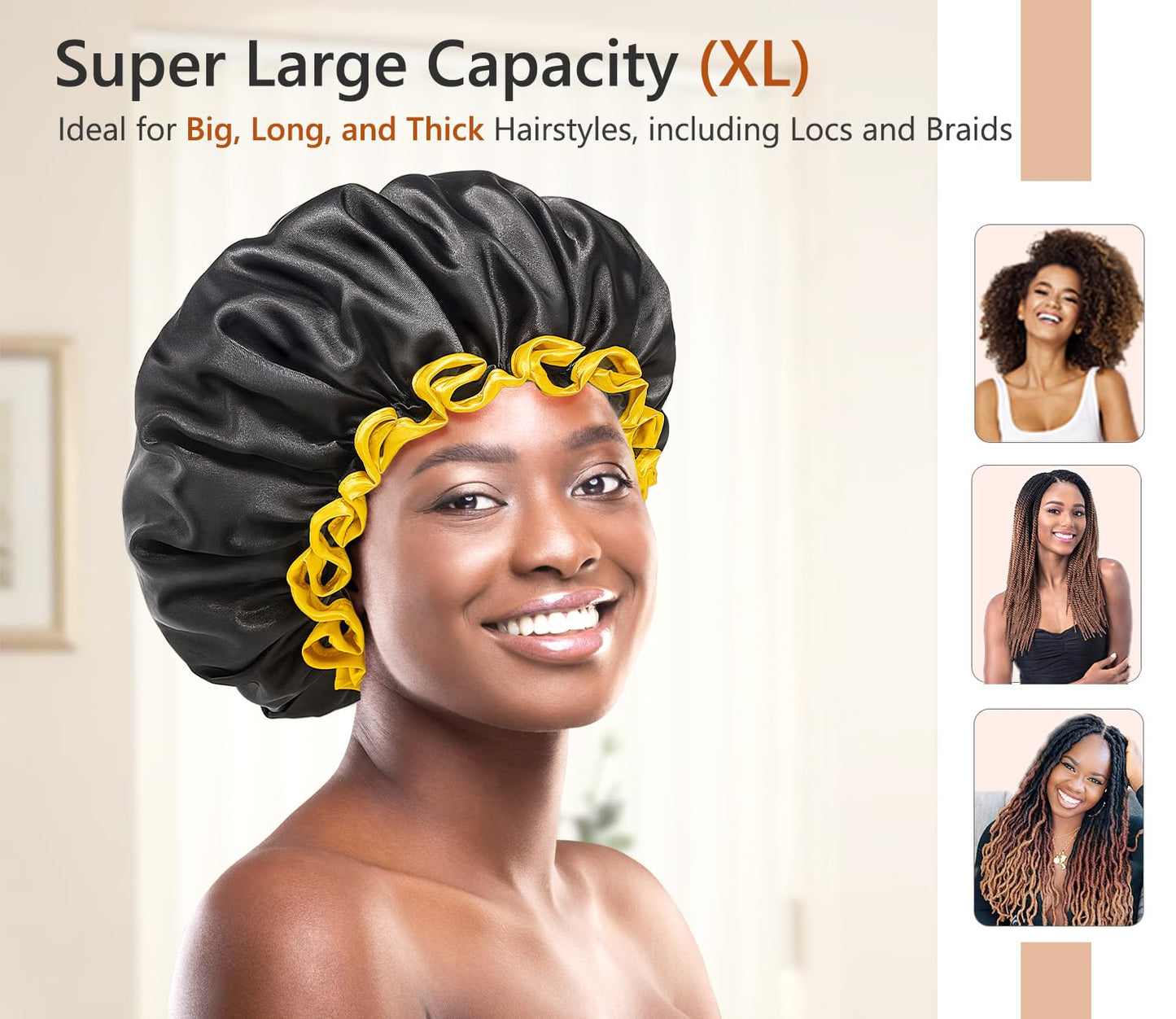 mikimini Extra Large Black Shower Cap for Women and Men Thick Long Hair Braids, Reusable Waterproof Double Layers XL Bathing Hair Caps with Vibrant