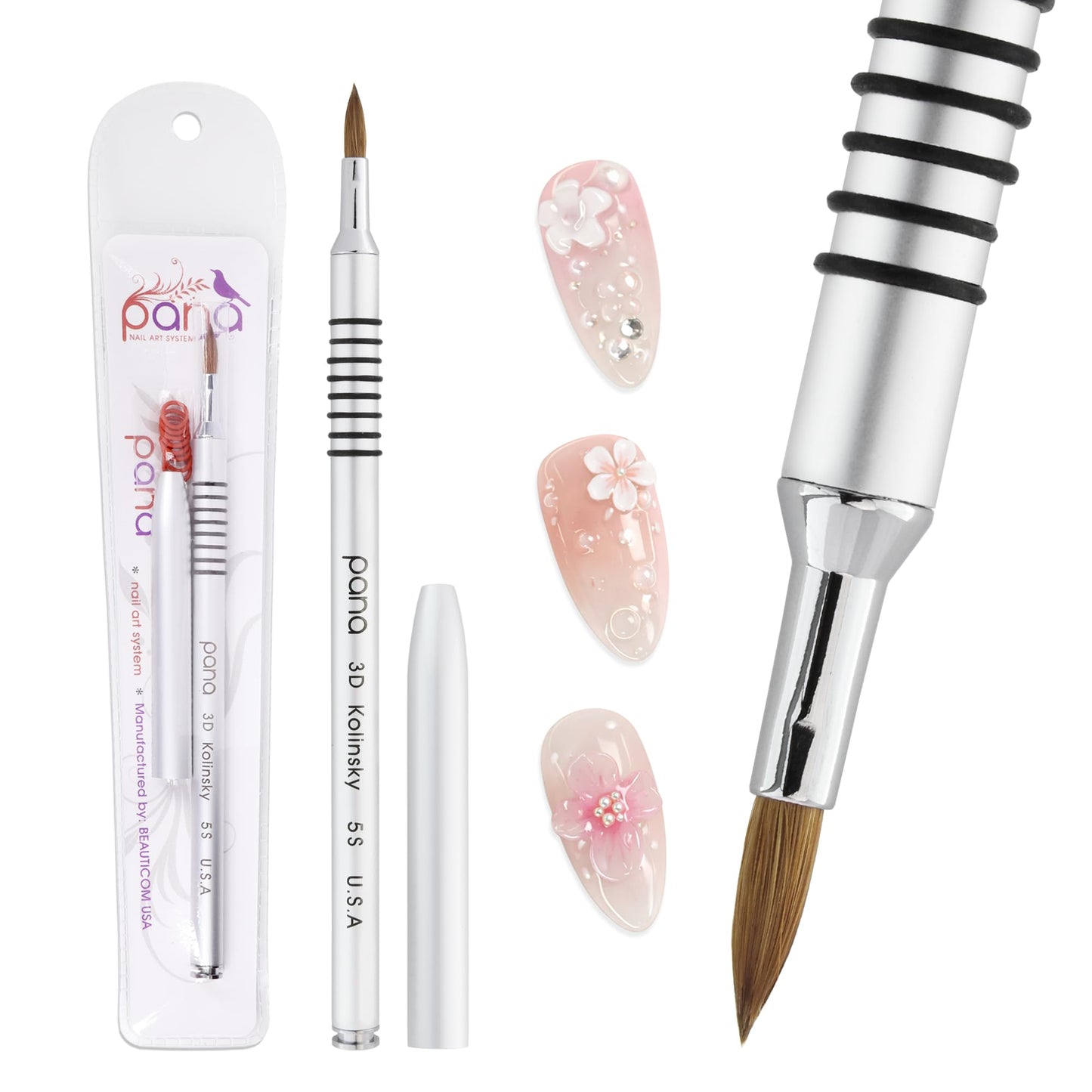 PANA 3D Kolinsky Acrylic Nail Art Sculpture Brush with Silver Metal Non-Slip Grip Handle for Manicures 3D Nail Art Flower Designs (Size #5) Beauty & Personal Care PANA