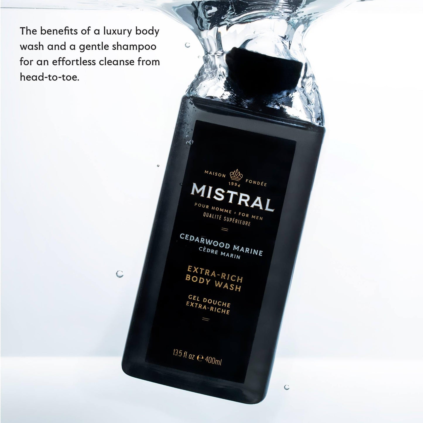 Mistral Men's Body Wash & Shampoo, Cedarwood Marine 13.5 oz | 2-in-1 Natural Shower Gel for Men | SLS, Paraben & Phthalate Free | Natural Men’s Body Beauty & Personal Care Mistral