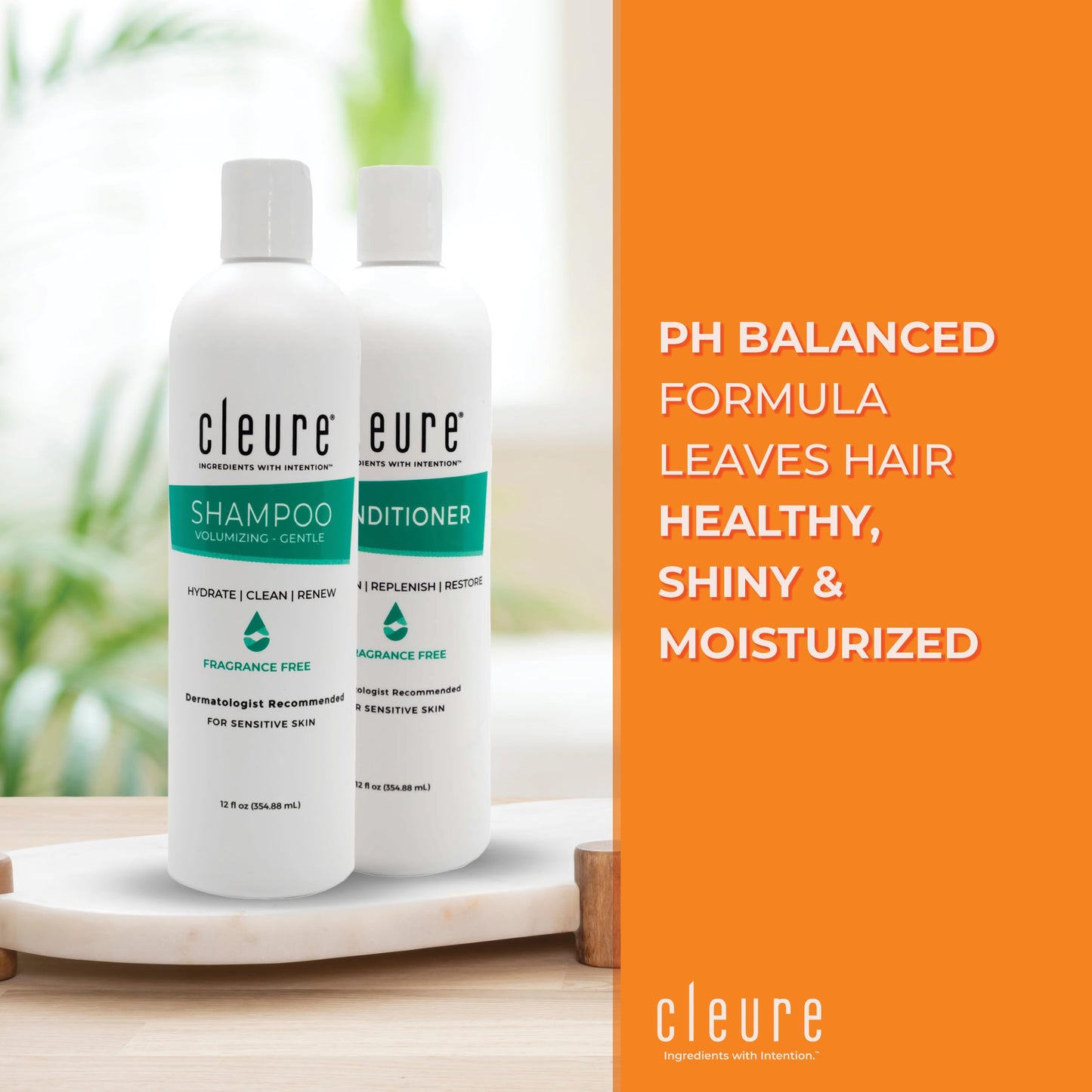 Cleure Shampoo and Conditioner Set Sulfate Free, Fragrance Free for Sensitive Skin - Volumizing Shampoo & Hydrating Conditioner (12 Oz each, Pack