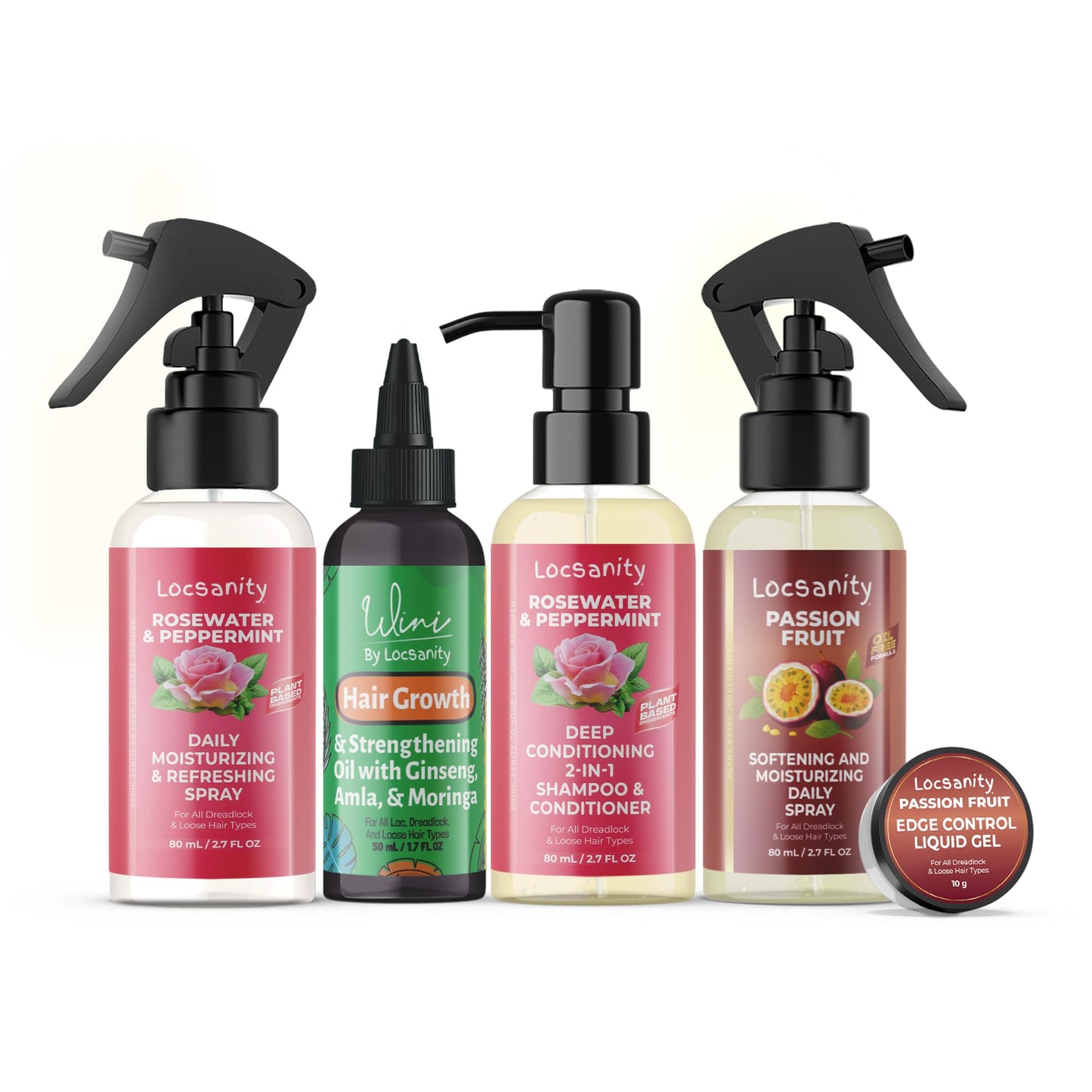 Locsanity Organic Teen Locs Essentials Kit - Moisturizing 2-in-1 Shampoo & Conditioner, Passion Fruit Spray, Hair Oil, Rosewater Peppermint Tightening