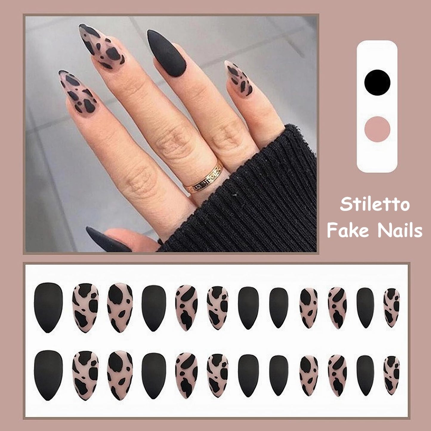 MISUD Press on Nails - Medium Stiletto Glue on Nails with Black Cheetah, Acrylic Matte Leopard Design 24 pcs