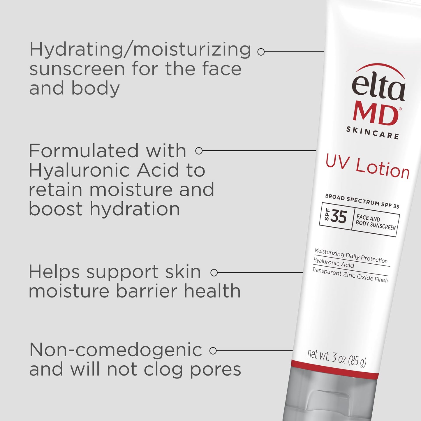 EltaMD UV Lotion Body Sunscreen, SPF 30+ Sunscreen, Body Lotion with SPF Made with Zinc Oxide and Hyaluronic Acid, 3.0 oz