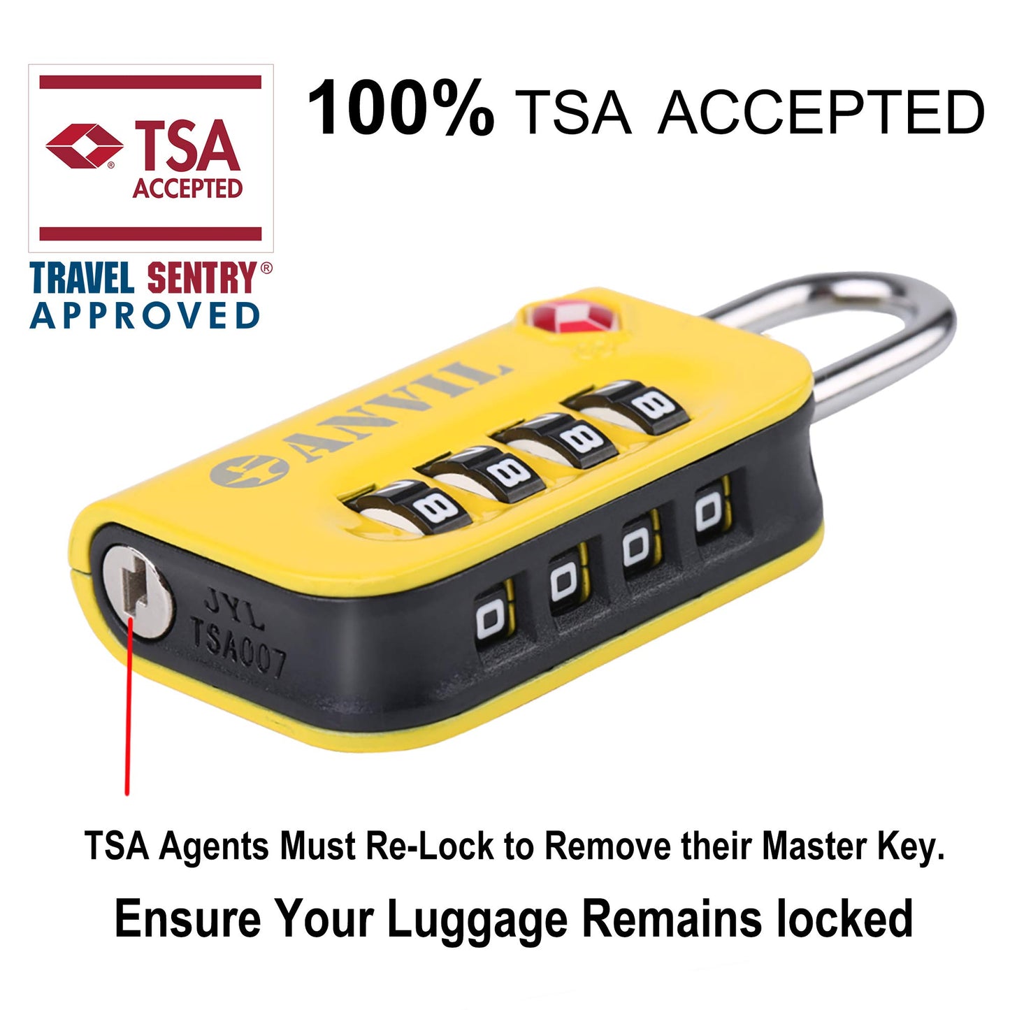 ANVIL TSA Approved Luggage Lock – 4-Digit Combo with Easy-Read Window, for Suitcases, Backpacks, Lockers – Yellow 2 Pack
