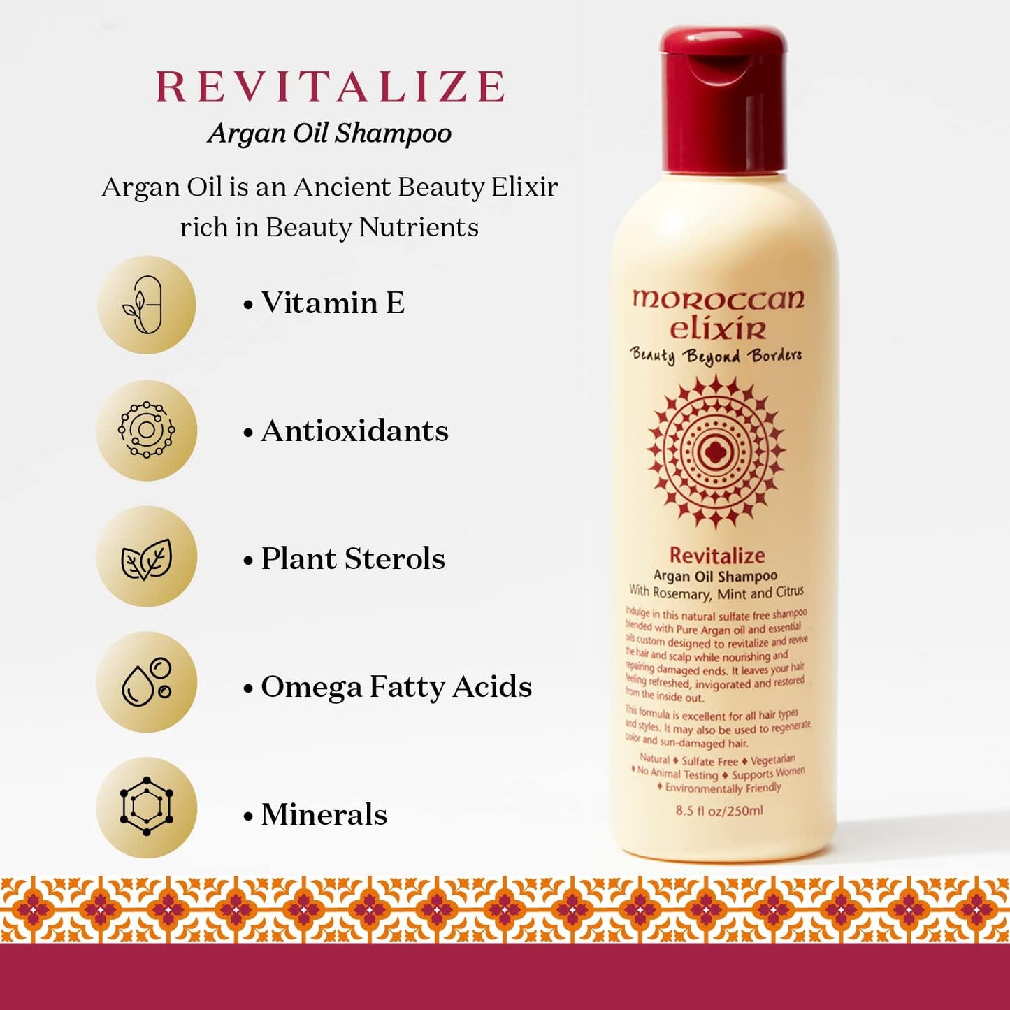 Moroccan Elixir Revitalize Argan Oil Shampoo, Paraben and Sulfate Free Shampoo Repairs Dry, Damaged, Color-treated Hair, Tames Frizz and Promotes