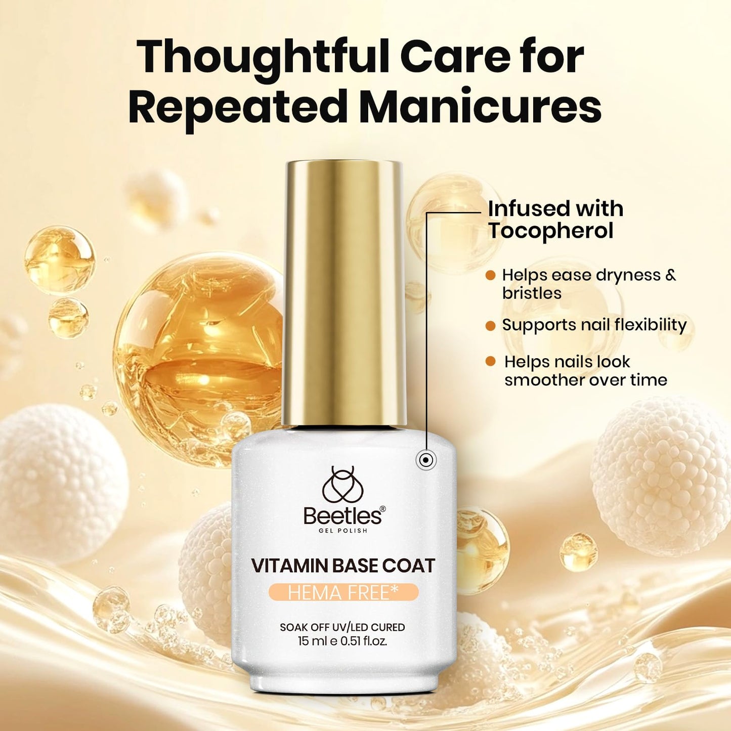 Beetles Vitamin Gel Base Coat, 15ml HEMA Free & TPO Free Nail Base Coat, Nourishing for Strong Adhesion, Long Lasting Soak Off UV LED for Gel Polish Beauty and Personal Care beetles Gel Polish